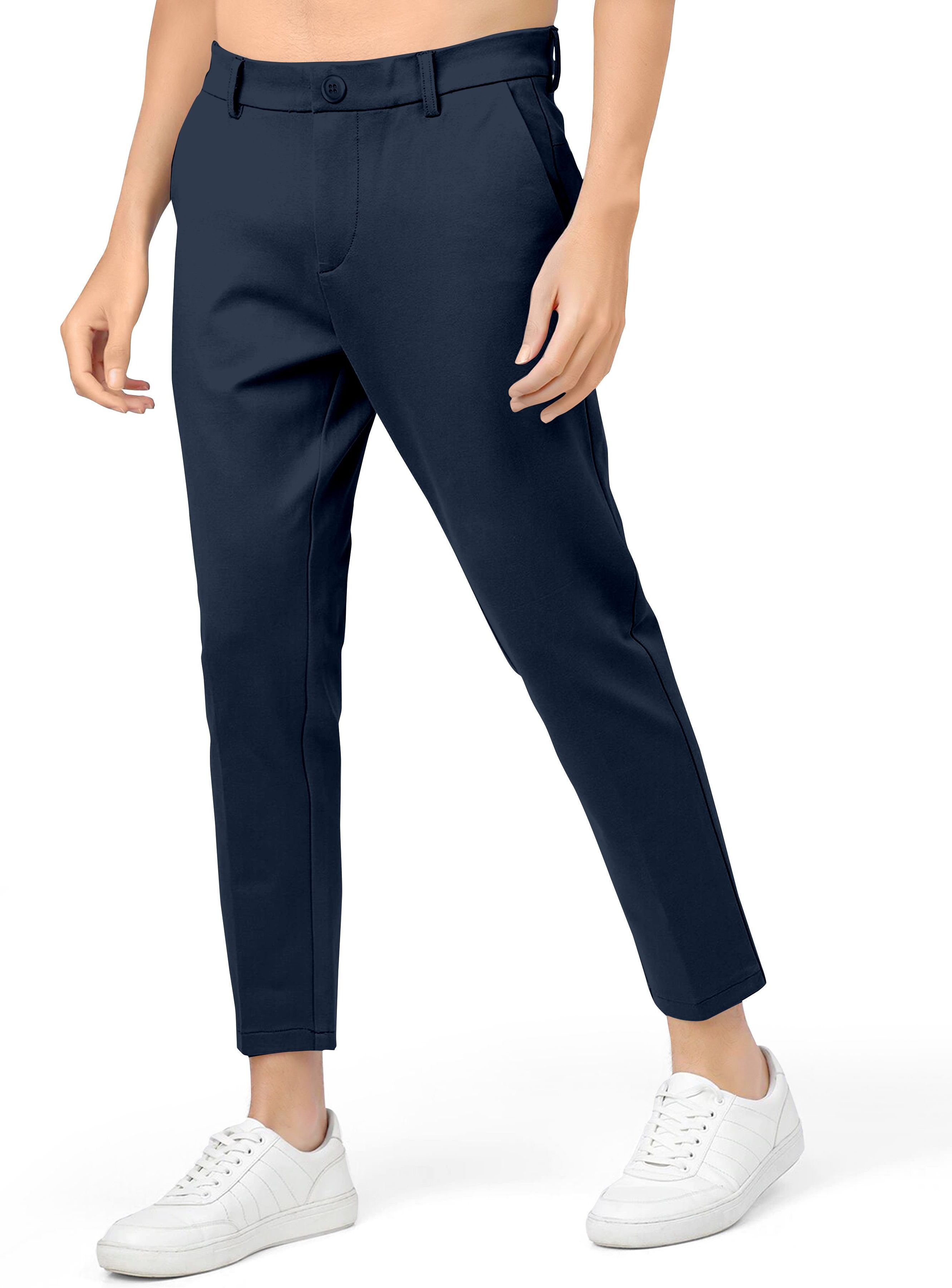 Men Slim Fit Dark Blue Lycra Blend Trousers-image-6