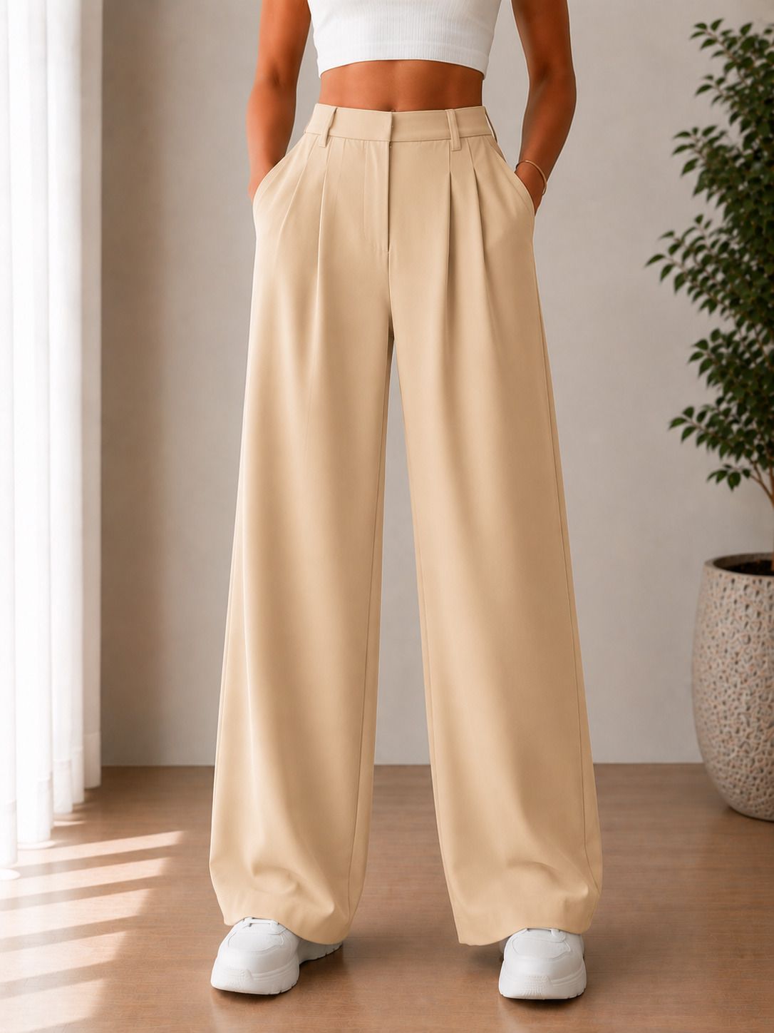 el cielo Women Loose Fit Beige Viscose Rayon Trousers-picture-11