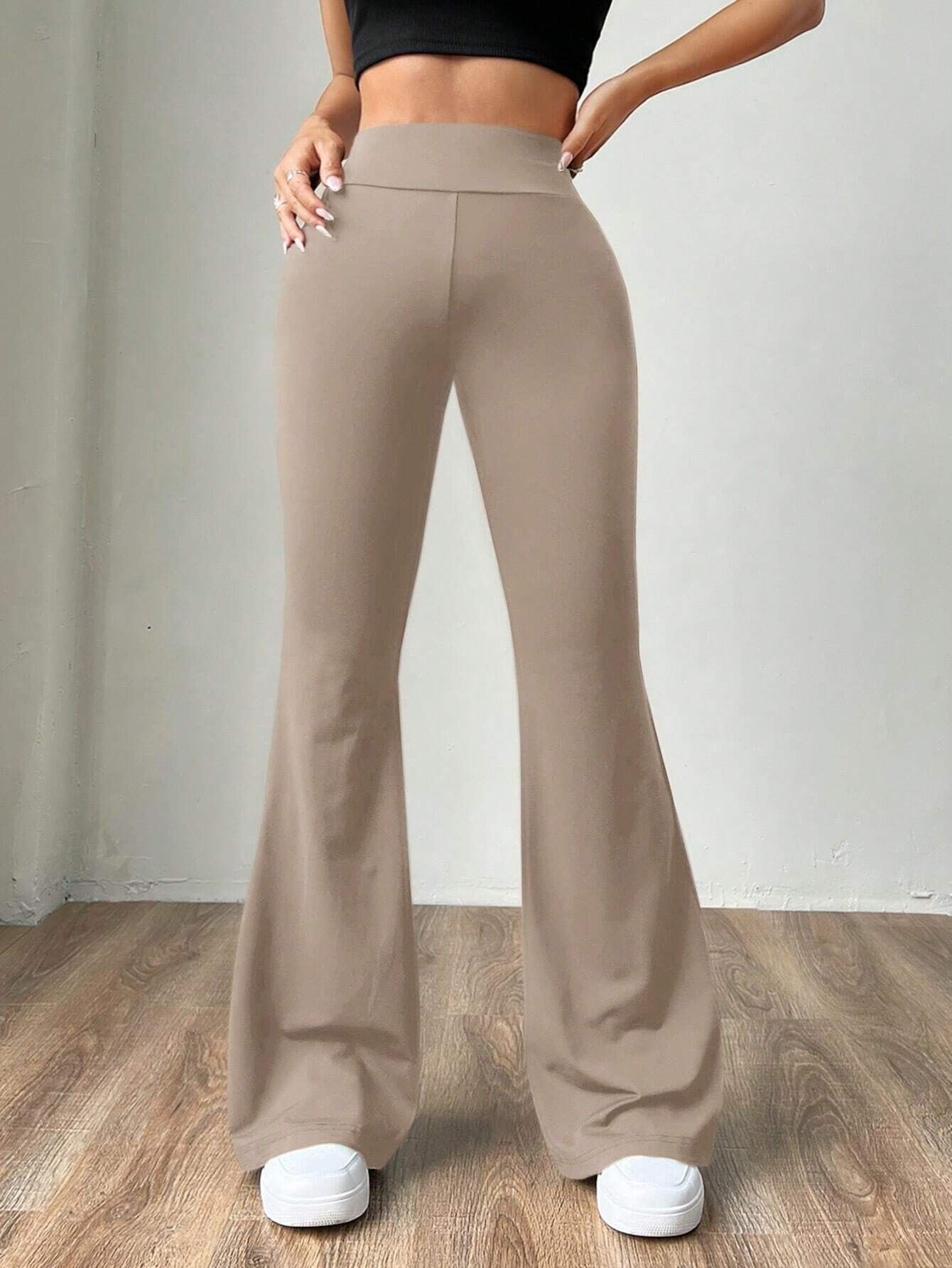 loomzy Women Flared Beige Lycra Blend Trousers-picture-14