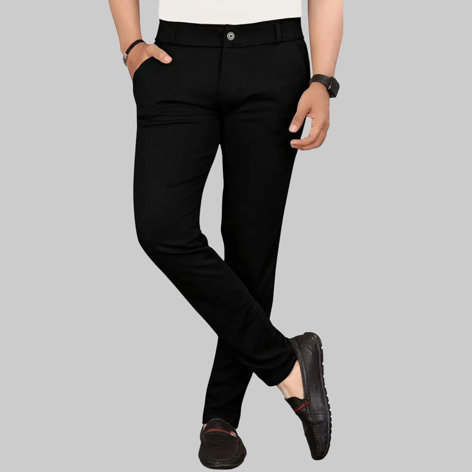 Men Regular Fit Black Lycra Blend Trousers-image-4