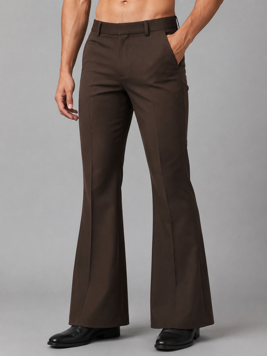 Men Flared Brown Polycotton Trousers-image-46