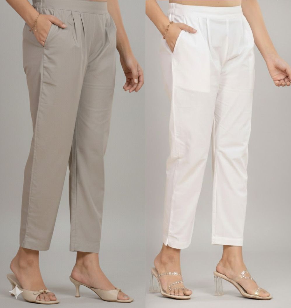 laareb fashion Pack of 2 Women Regular Fit White, Grey Cotton Blend Trousers-picture-17