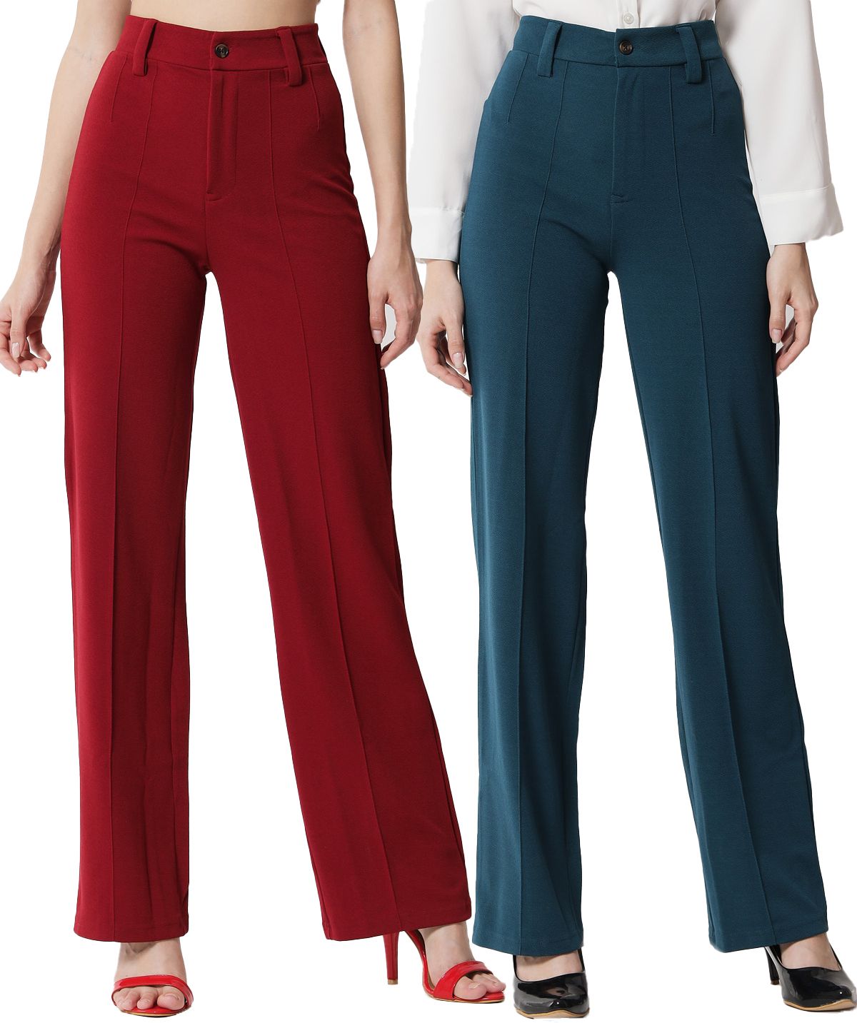 kotty Pack of 2 Women Regular Fit Red, Green Viscose Rayon Trousers-picture-10