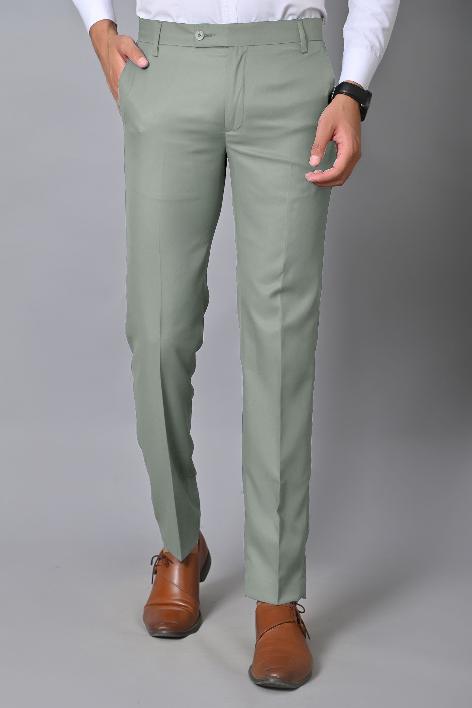 Men Regular Fit Light Green Polyester Trousers-image-7