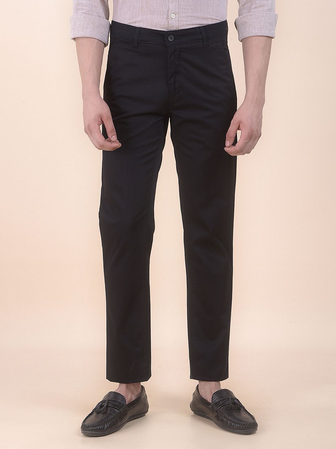 Men Regular Fit Black Cotton Blend Trousers-image-3