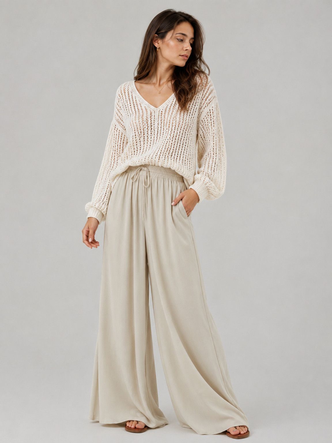 Women Loose Fit Beige Viscose Rayon Trousers-image-31