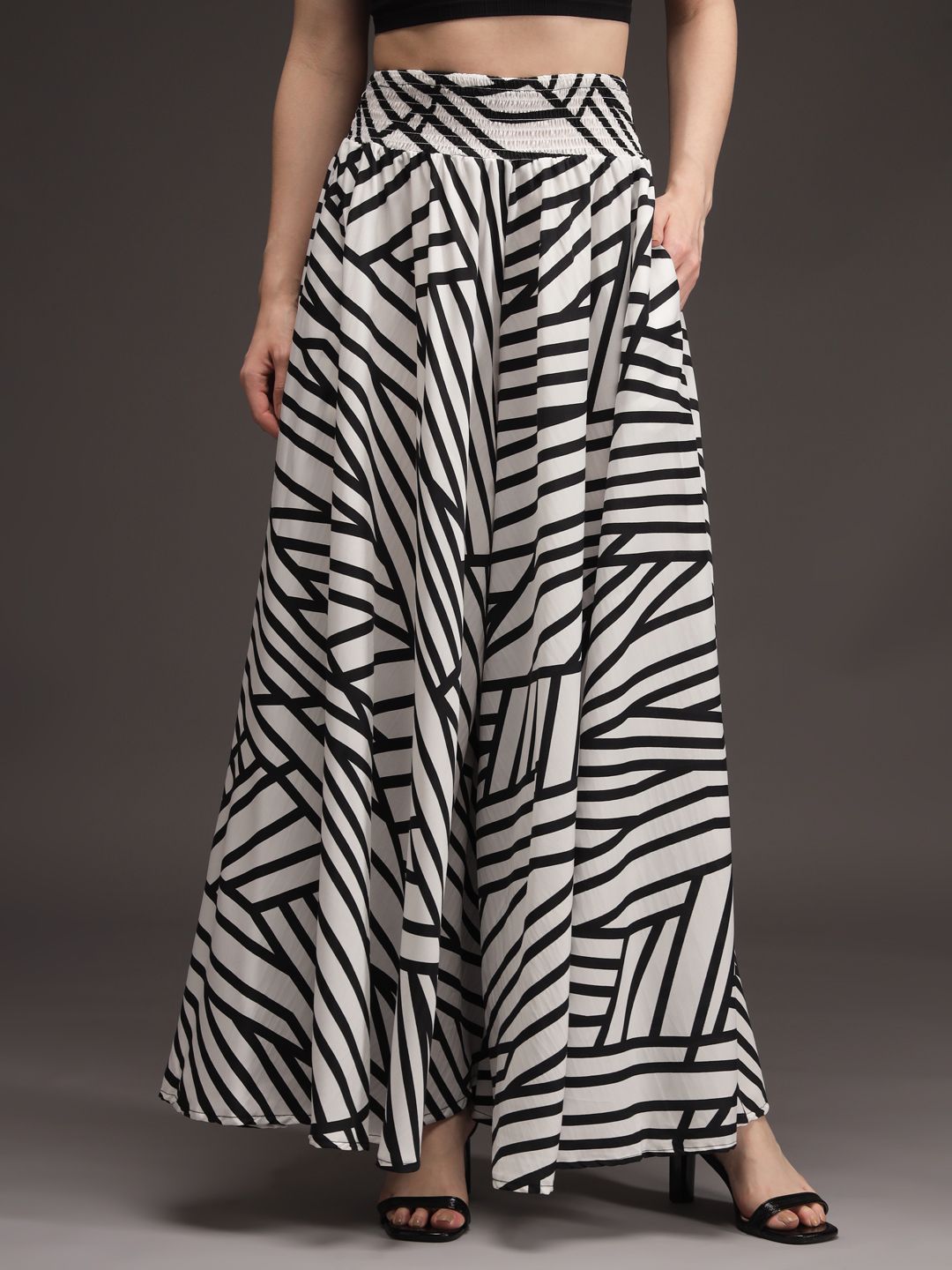 Women Relaxed, Flared White, Black Viscose Rayon Trousers