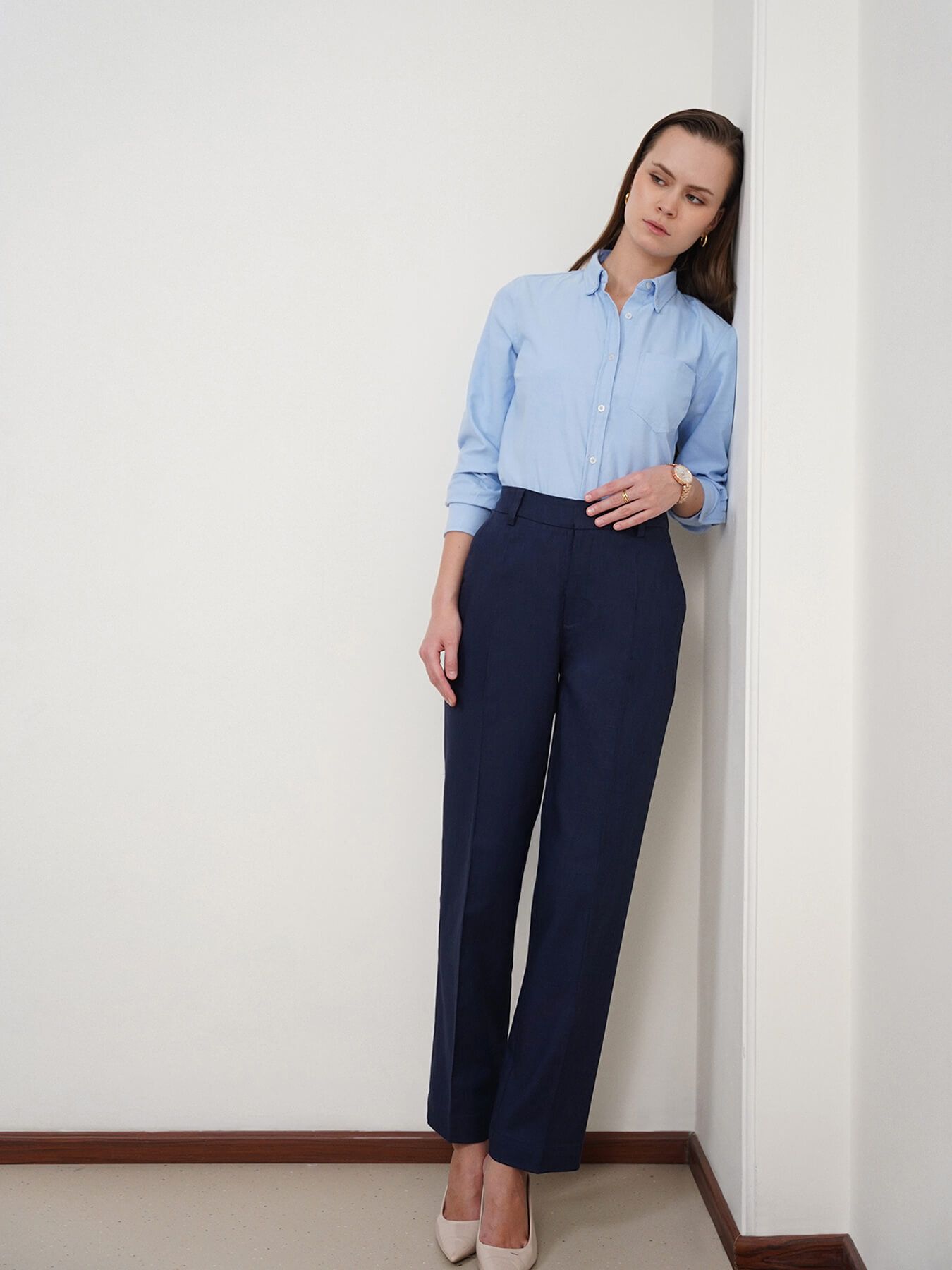 fable street Women Straight Fit Dark Blue Pure Cotton Trousers-picture-11