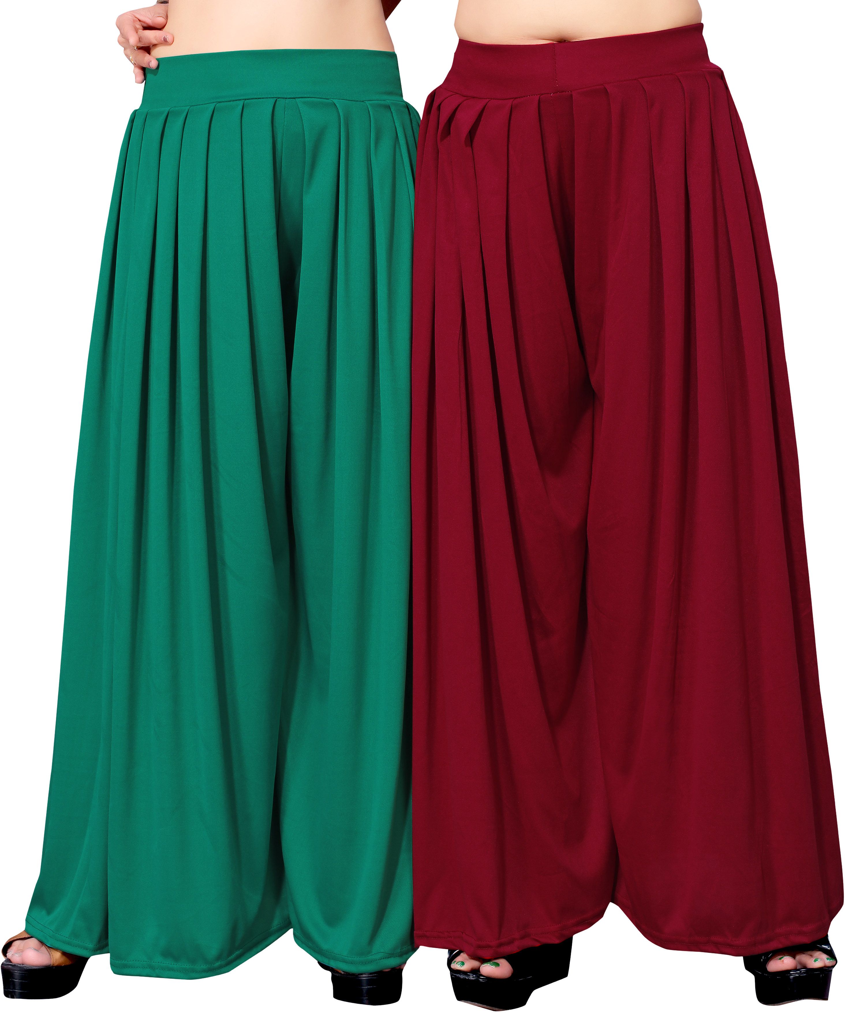 Pack of 2 Women Flared Green, Red Lycra Blend Trousers-image-10