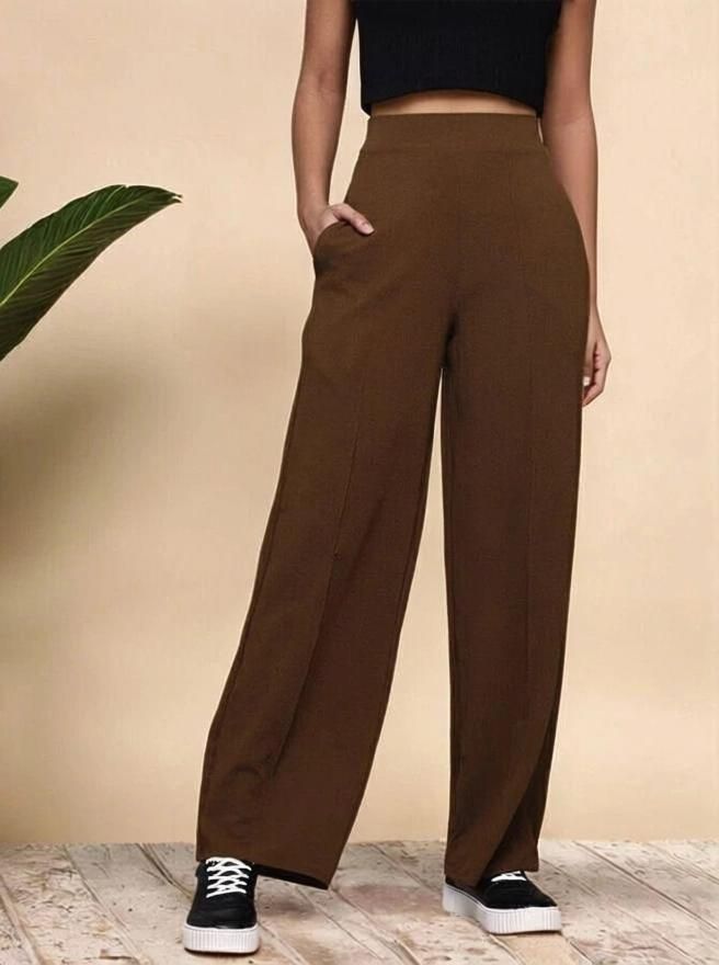 Women Regular Fit Brown Cotton Blend Trousers-image-4