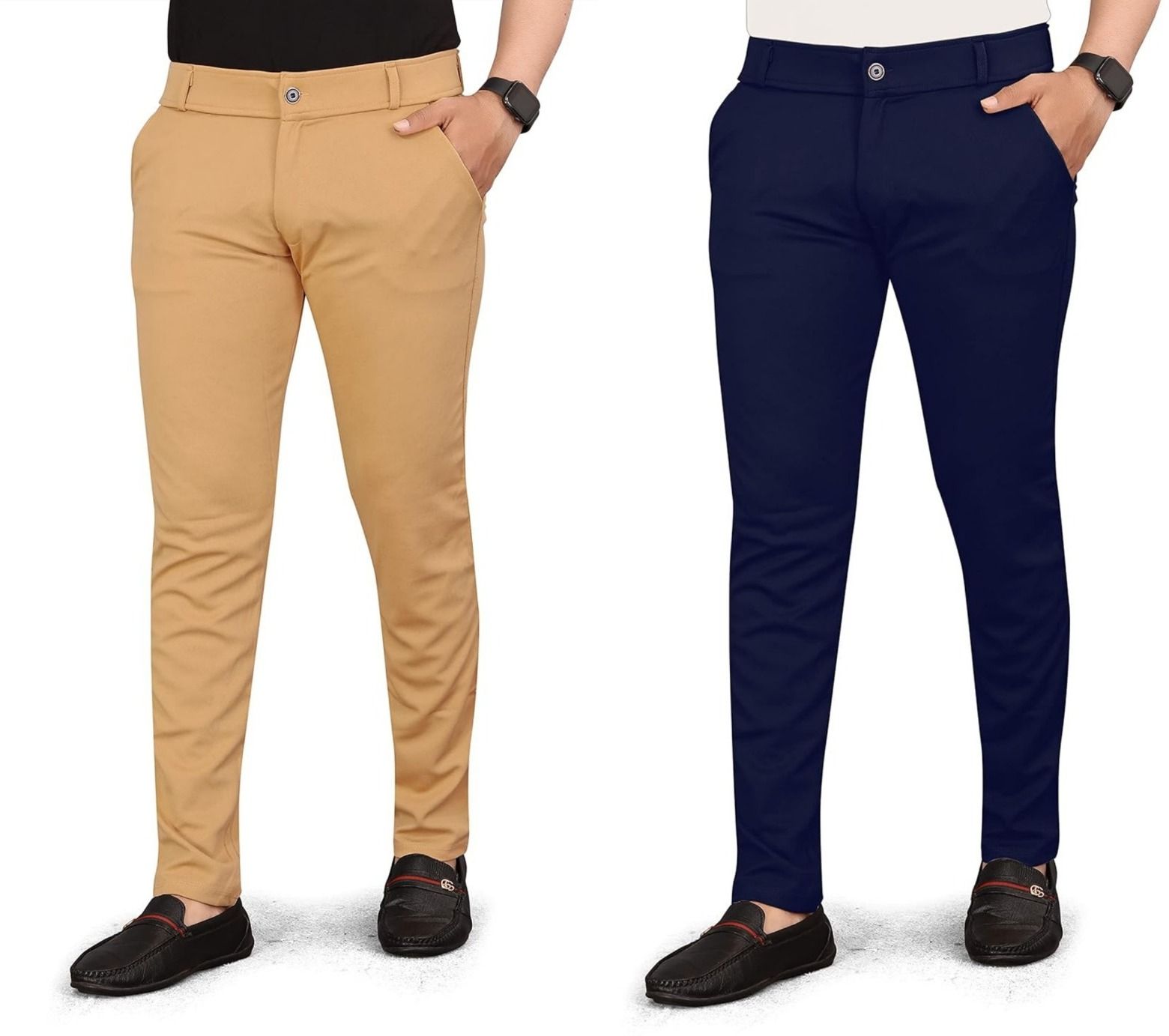 Pack of 2 Men Regular Fit, Comfort Fit Khaki, Dark Blue Cotton Blend Trousers-image-24