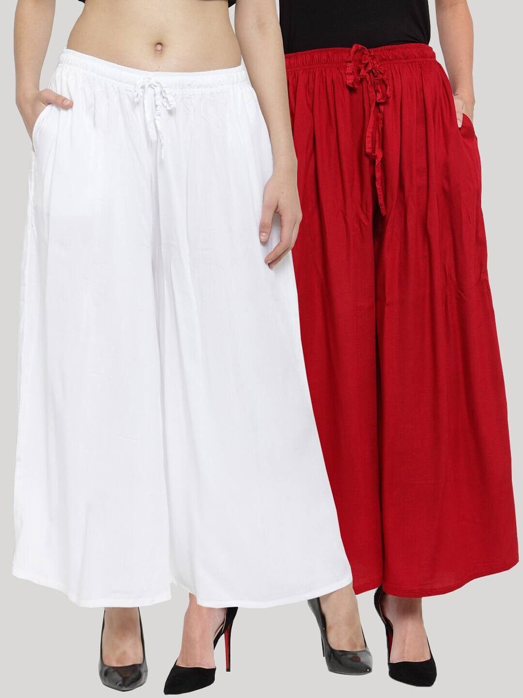 Pack of 2 Women Flared White, Red Viscose Rayon Trousers-image-39