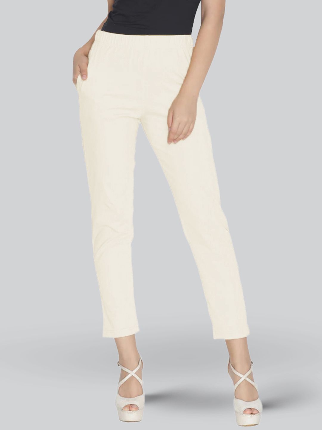 lyra Women Slim Fit Cream Cotton Blend Trousers-picture-23
