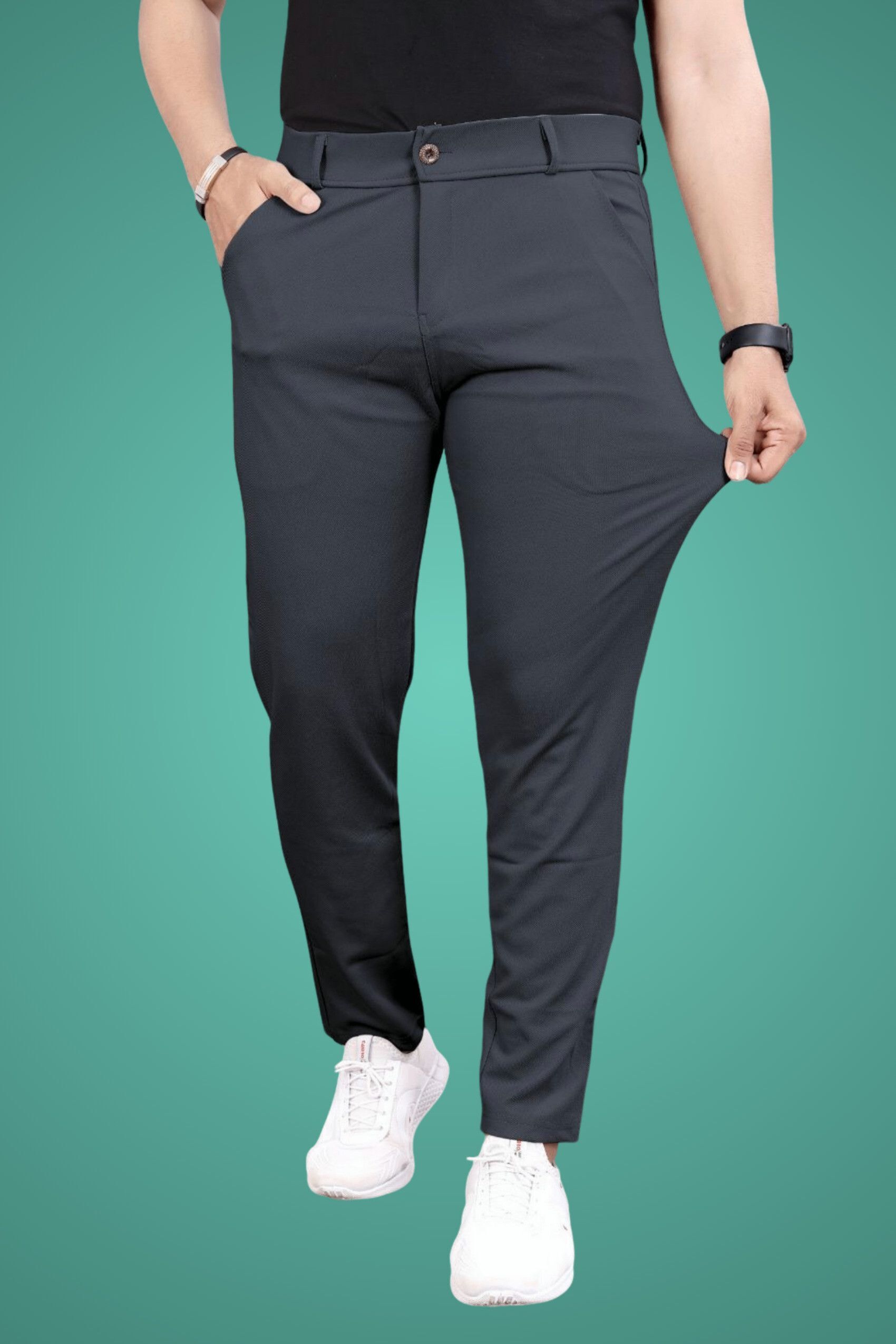 Men Slim Fit Grey, Blue Lycra Blend Trousers-image-14