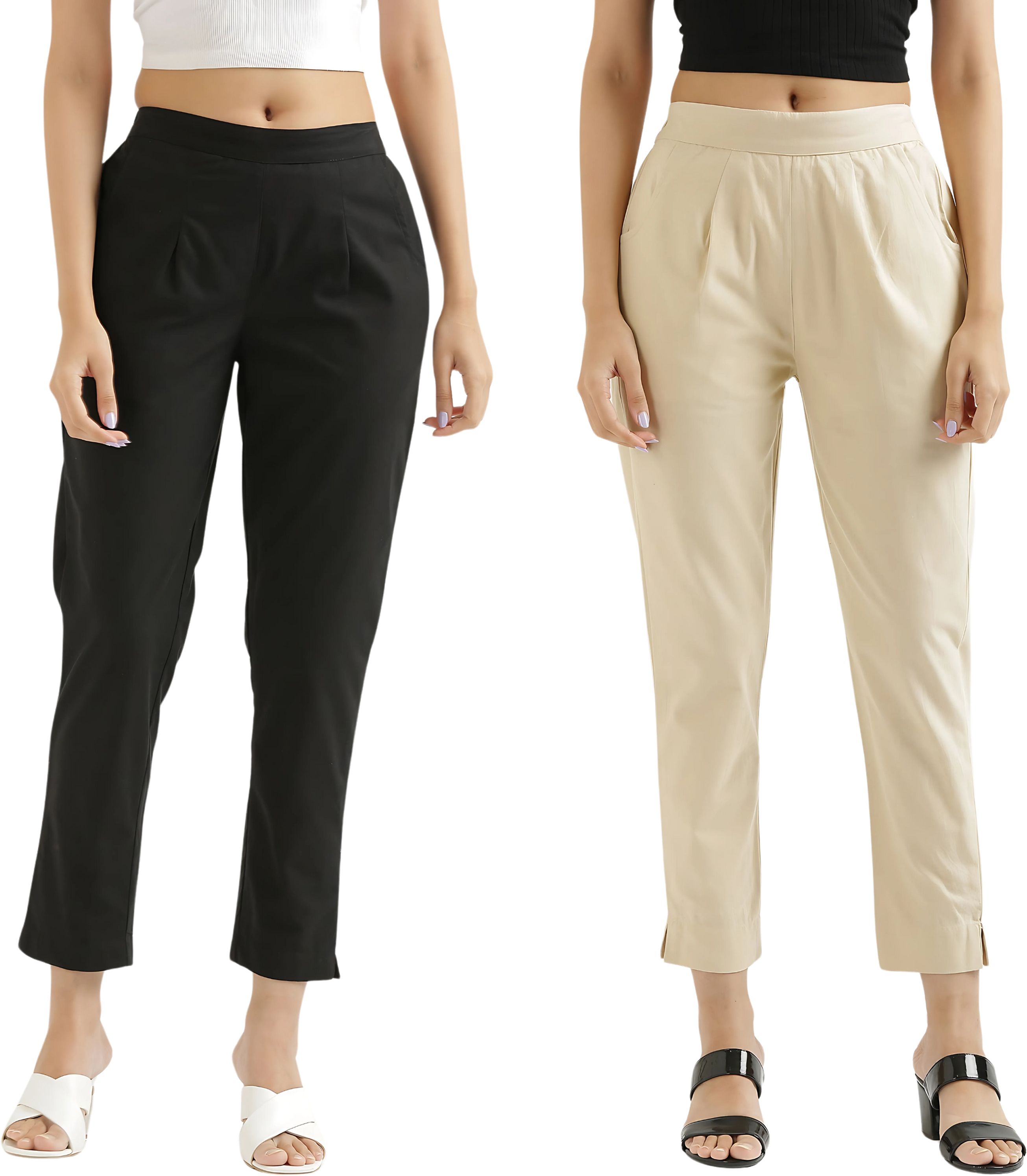 d&h Pack of 2 Women Regular Fit Beige, Black Pure Cotton Trousers-picture-19