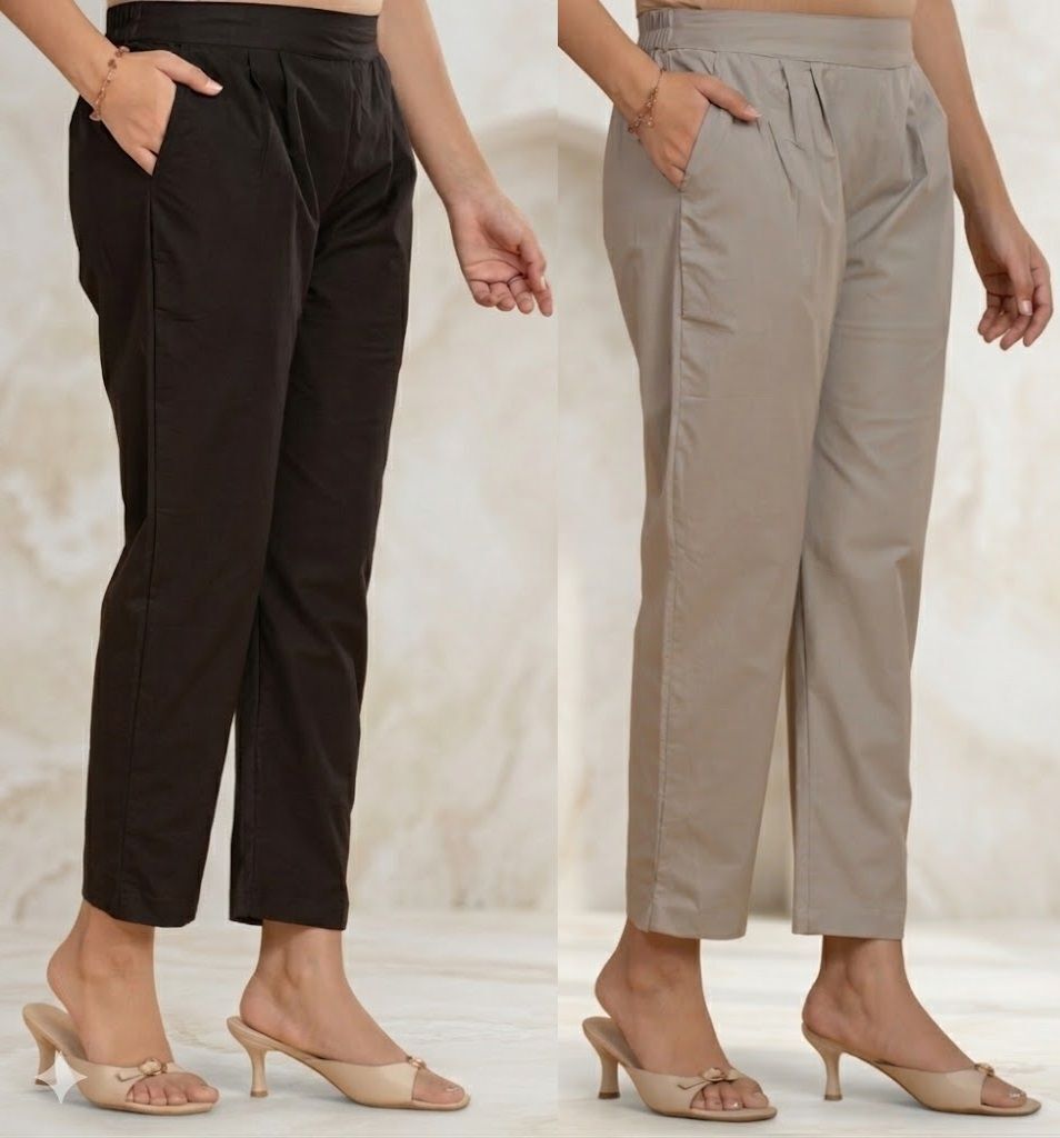 Pack of 2 Women Regular Fit Black, Grey Cotton Blend Trousers-image-33