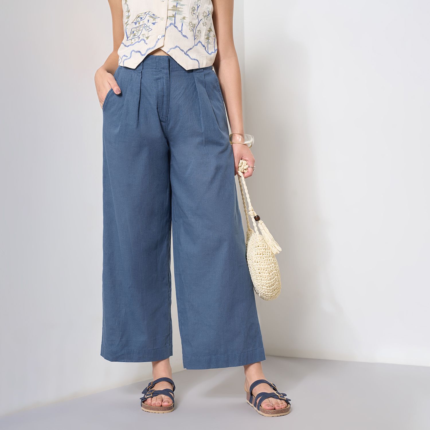 akkriti by pantaloons Women Relaxed Blue Cotton Blend Trousers-picture-14