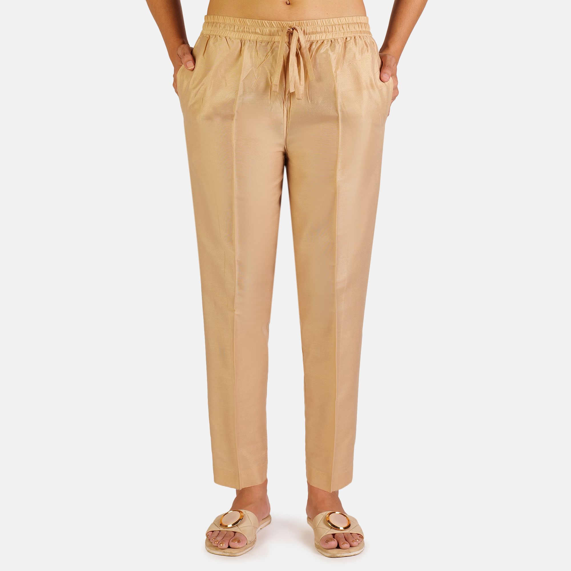 Women Regular Fit Gold Polyester Trousers-image-4
