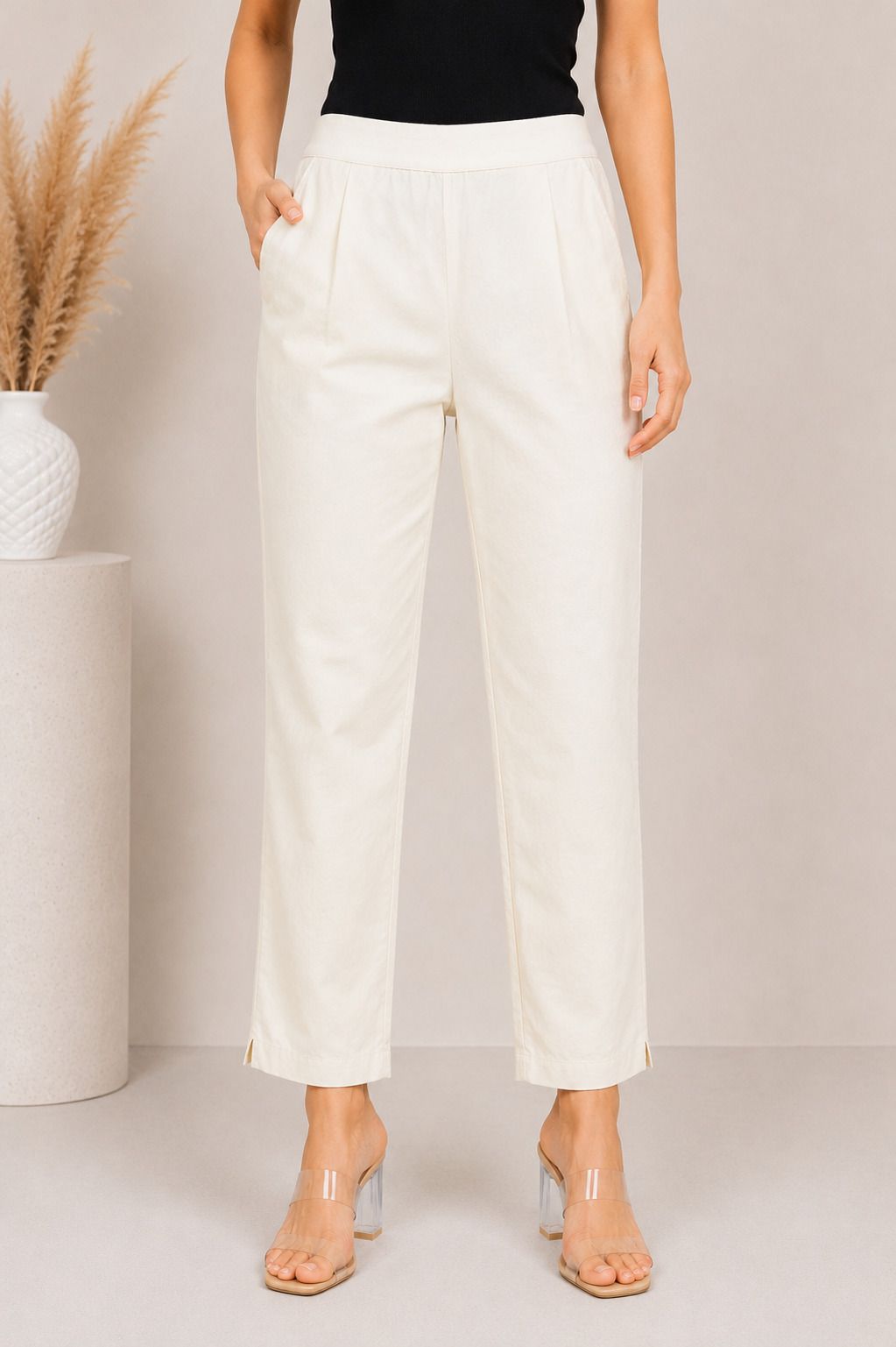 Women Straight Fit White Pure Cotton Trousers-image-44