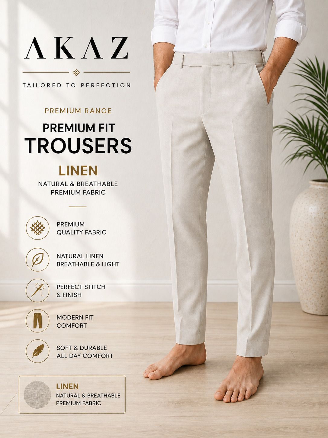 Men Slim Fit Beige Pure Linen Trousers-image-20