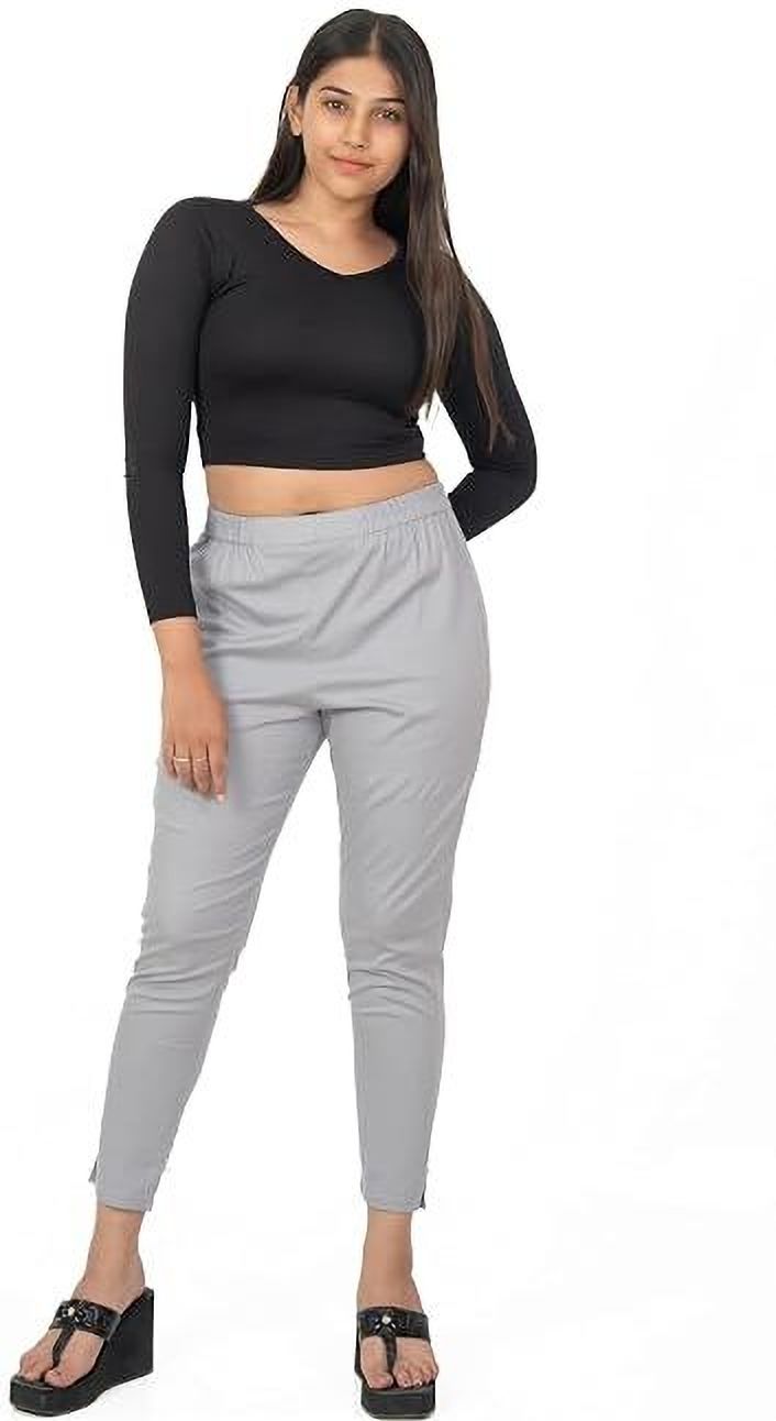 Women Regular Fit Grey Cotton Blend Trousers-image-5