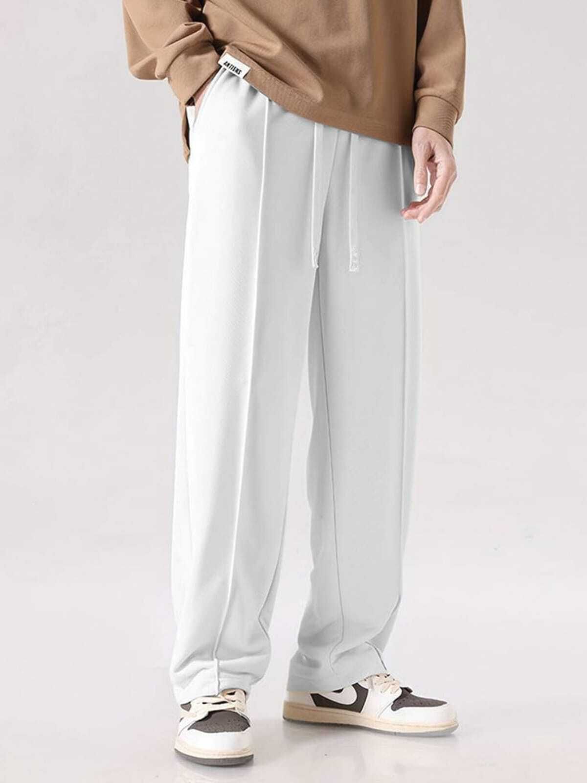 Men Loose Fit White Linen Blend Trousers