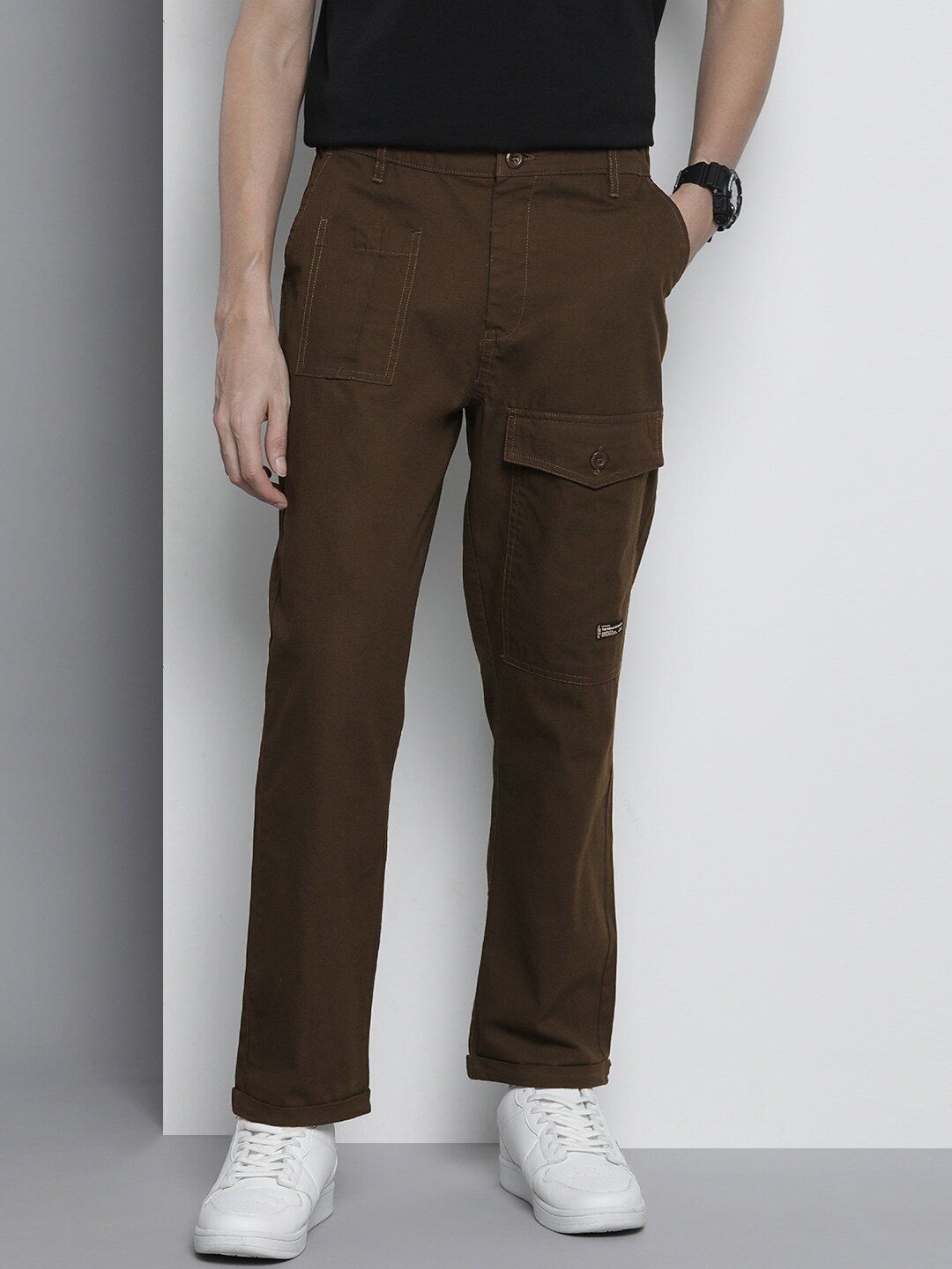 the indian garage co. Men Regular Fit Brown Cotton Blend Trousers-picture-13