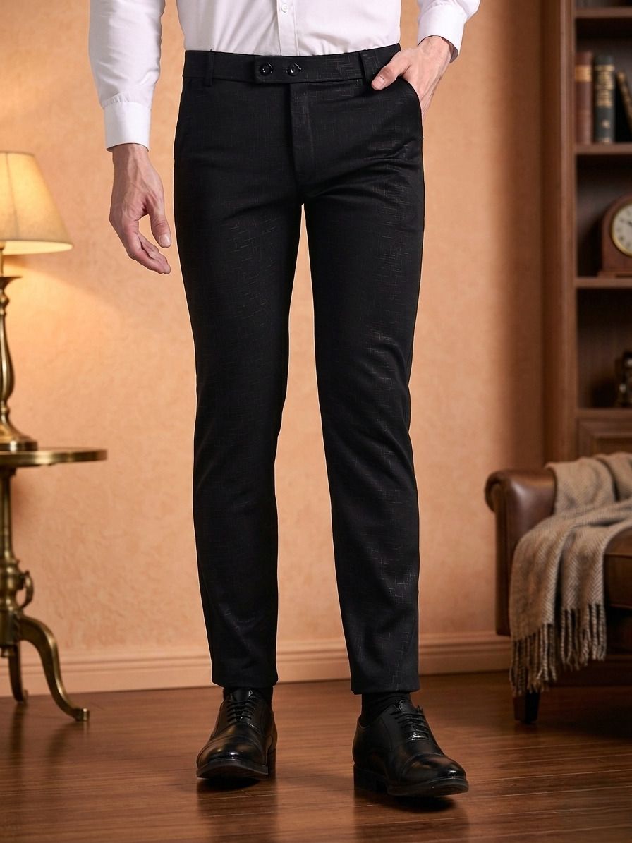 Men Slim Fit Black Lycra Blend Trousers-image-44