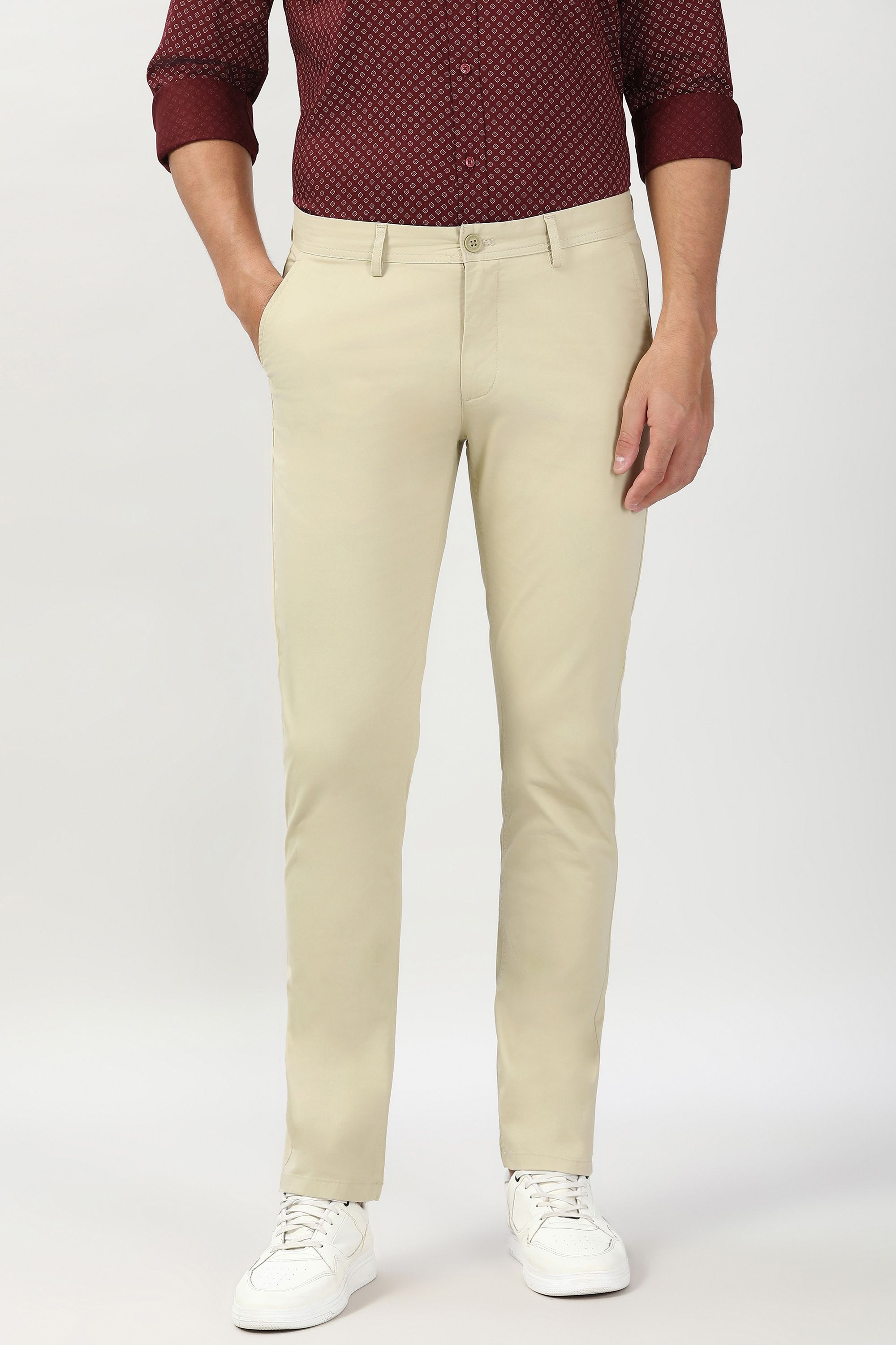 peter england Men Regular Fit Beige Cotton Blend Trousers-picture-11