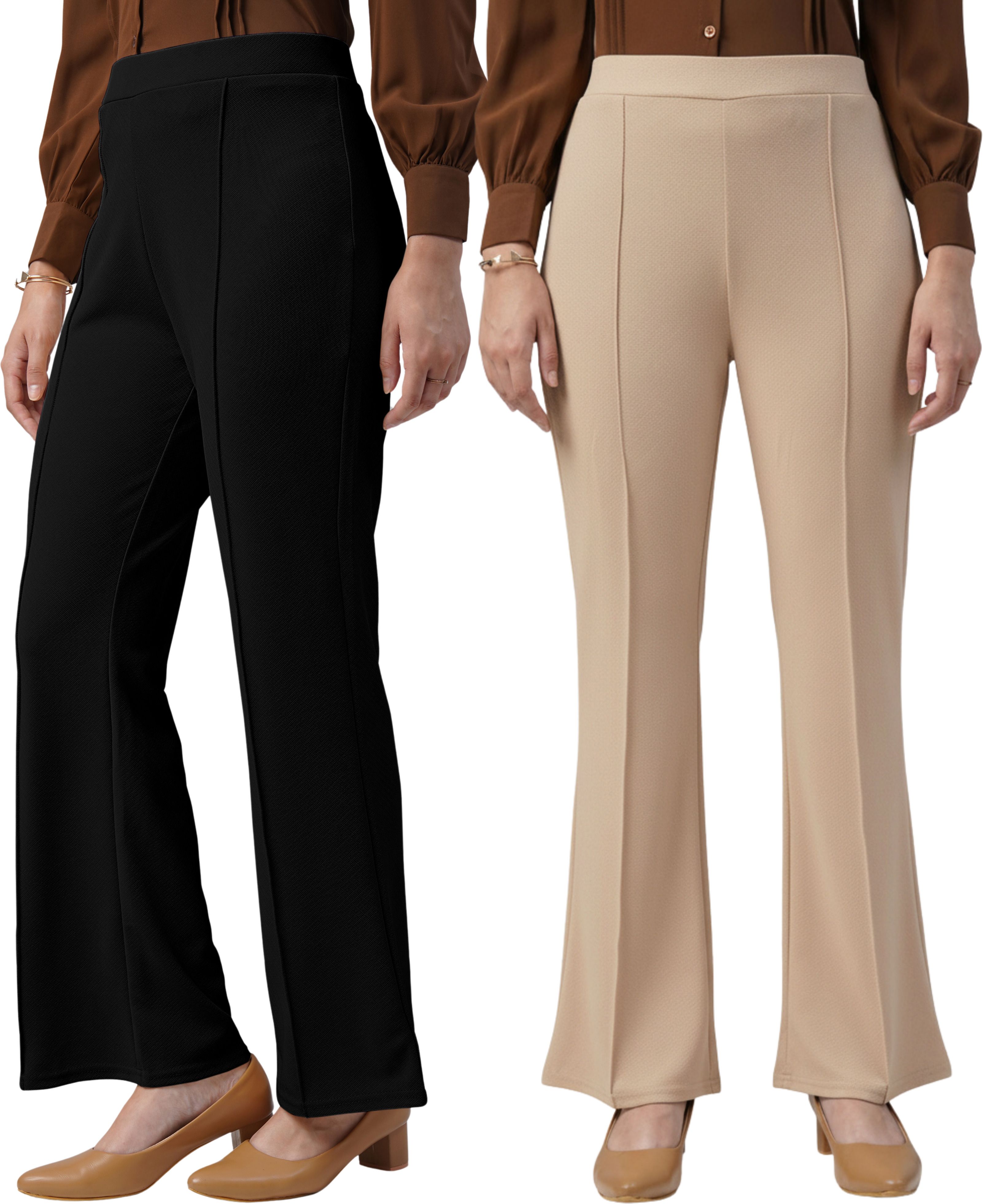 fuback Pack of 2 Women Regular Fit Black, Beige Lycra Blend Trousers-picture-14