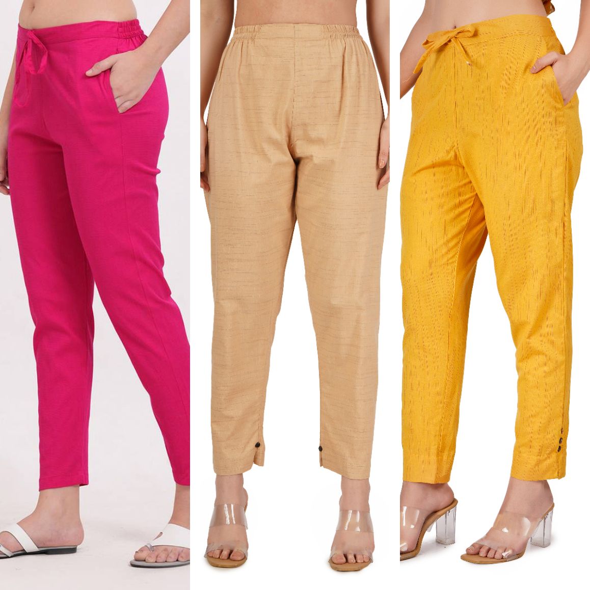 aktattire Pack of 3 Women Straight Fit Beige, Yellow, Pink Cotton Blend Trousers-picture-24
