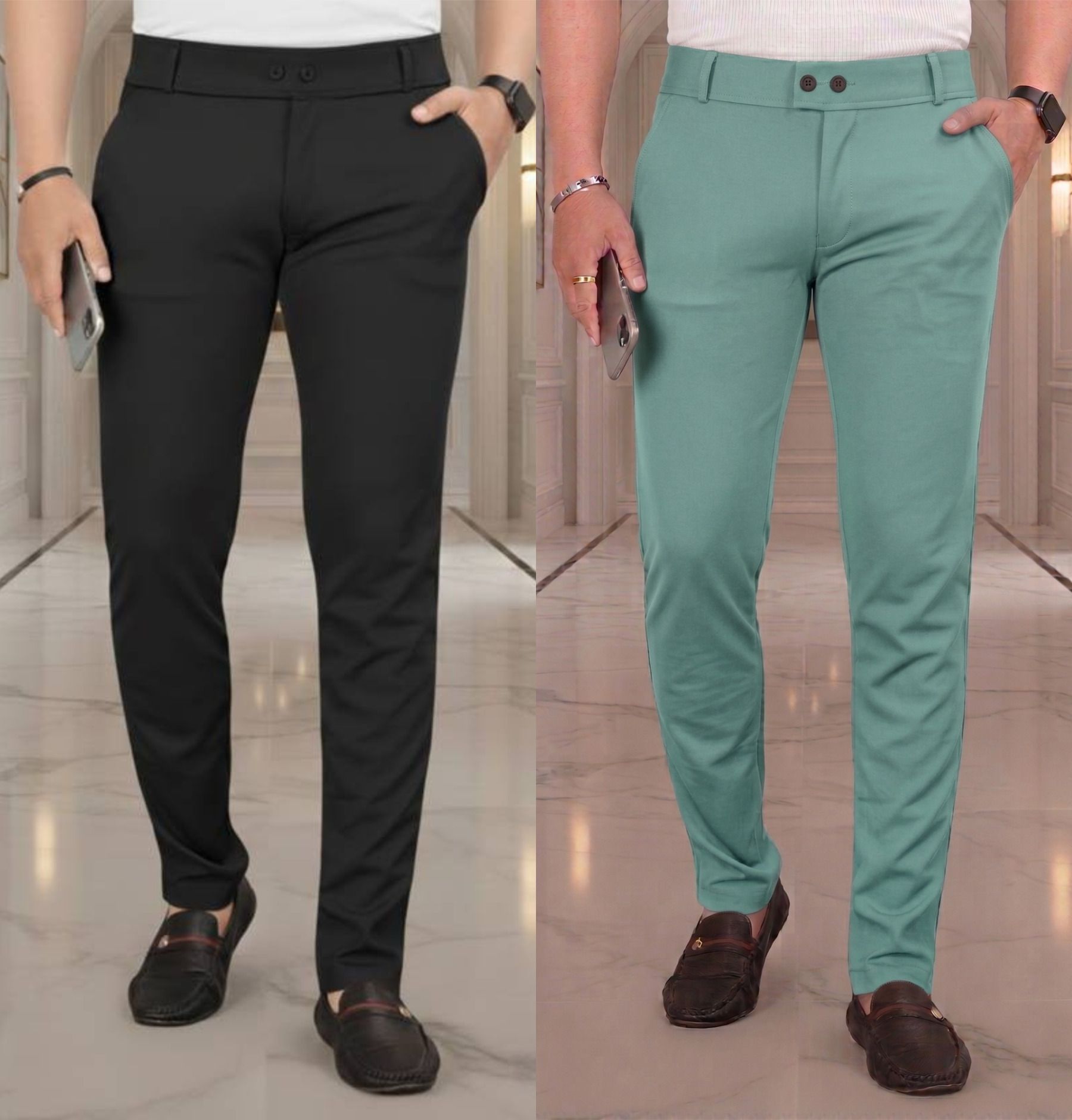 fabaura Men Slim Fit Black, Light Green Lycra Blend Trousers-picture-30