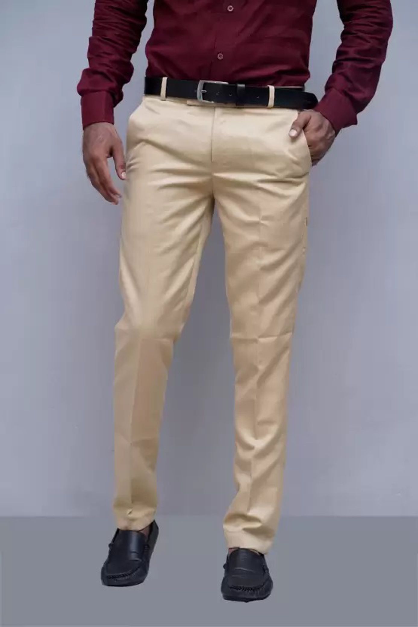 Men Regular Fit Cream Viscose Rayon Trousers