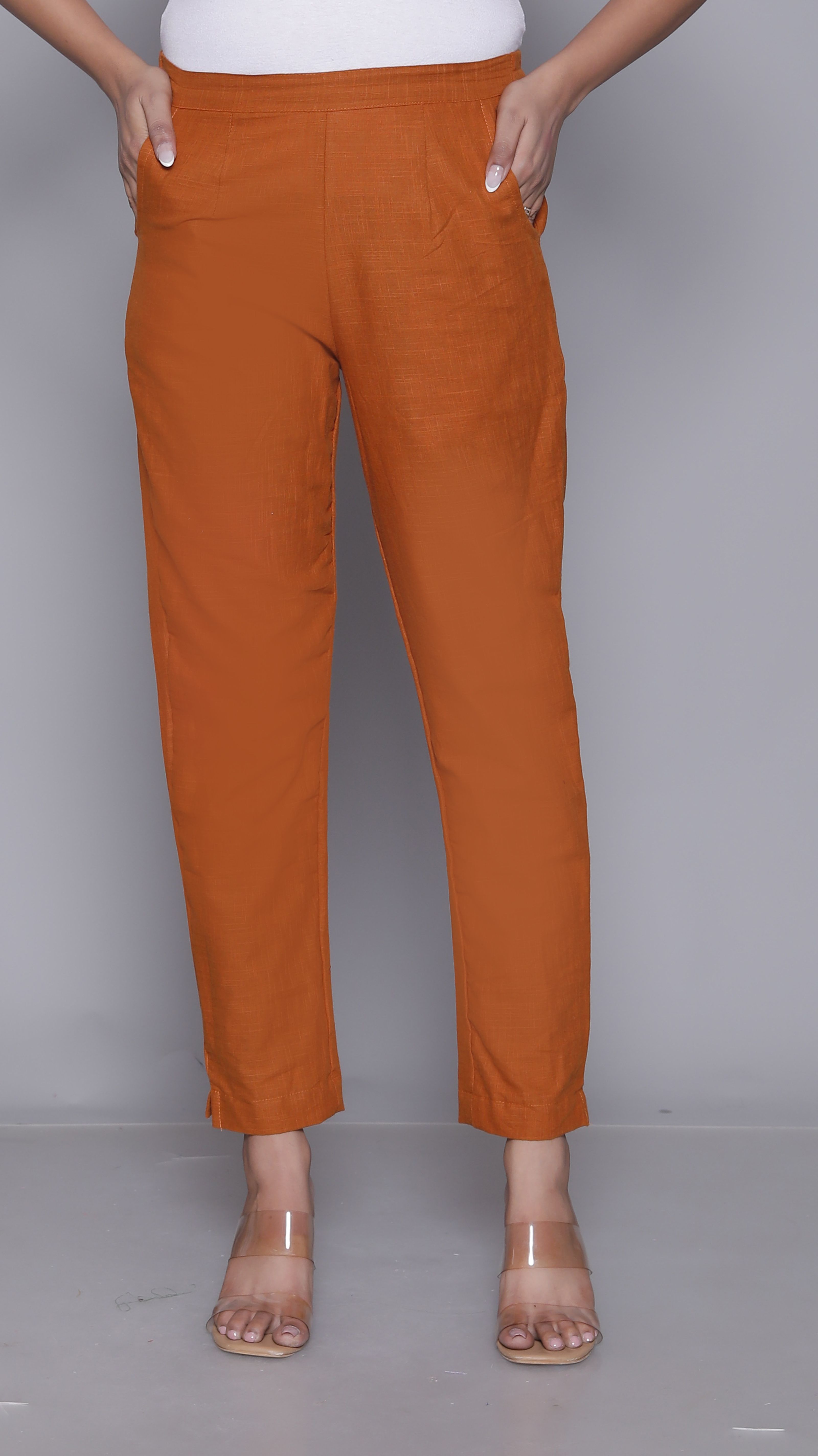 aavoni Women Straight Fit Orange Pure Cotton Trousers-picture-10