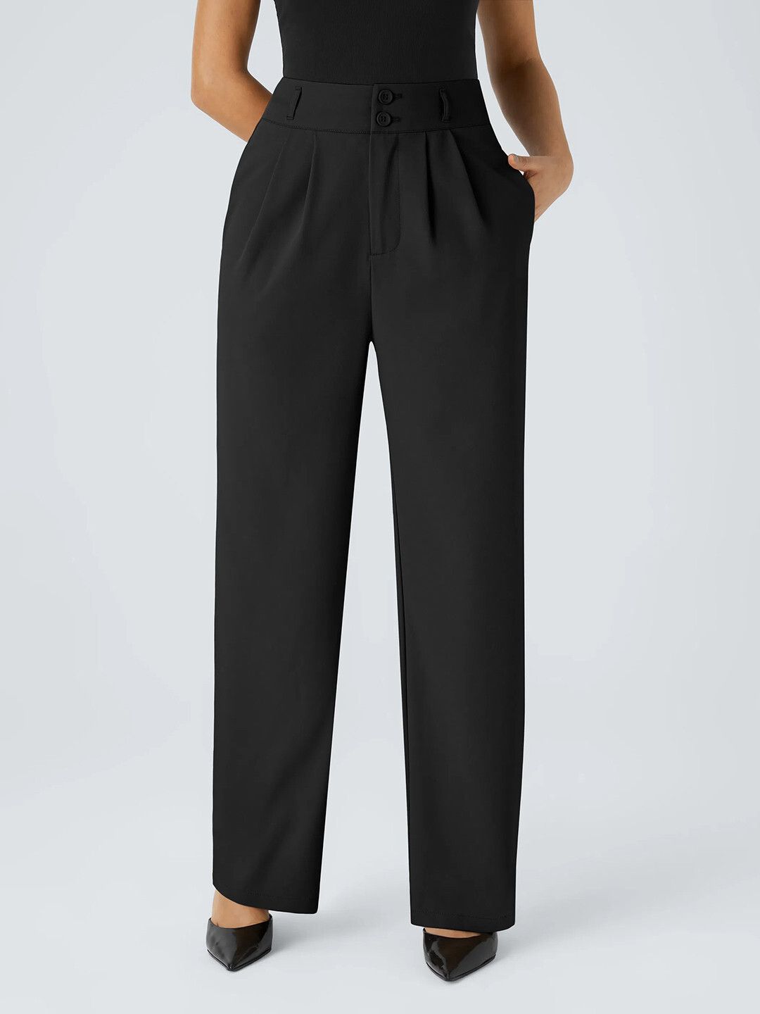 Women Straight Fit Black Polyester Trousers-image-17
