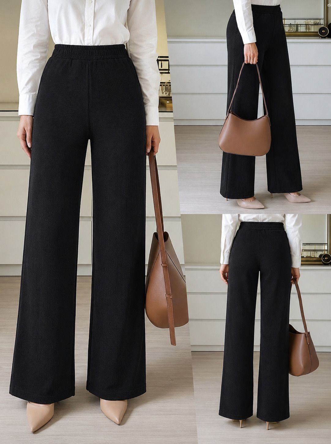 fabflee Women Relaxed Black Cotton Blend Trousers-picture-6