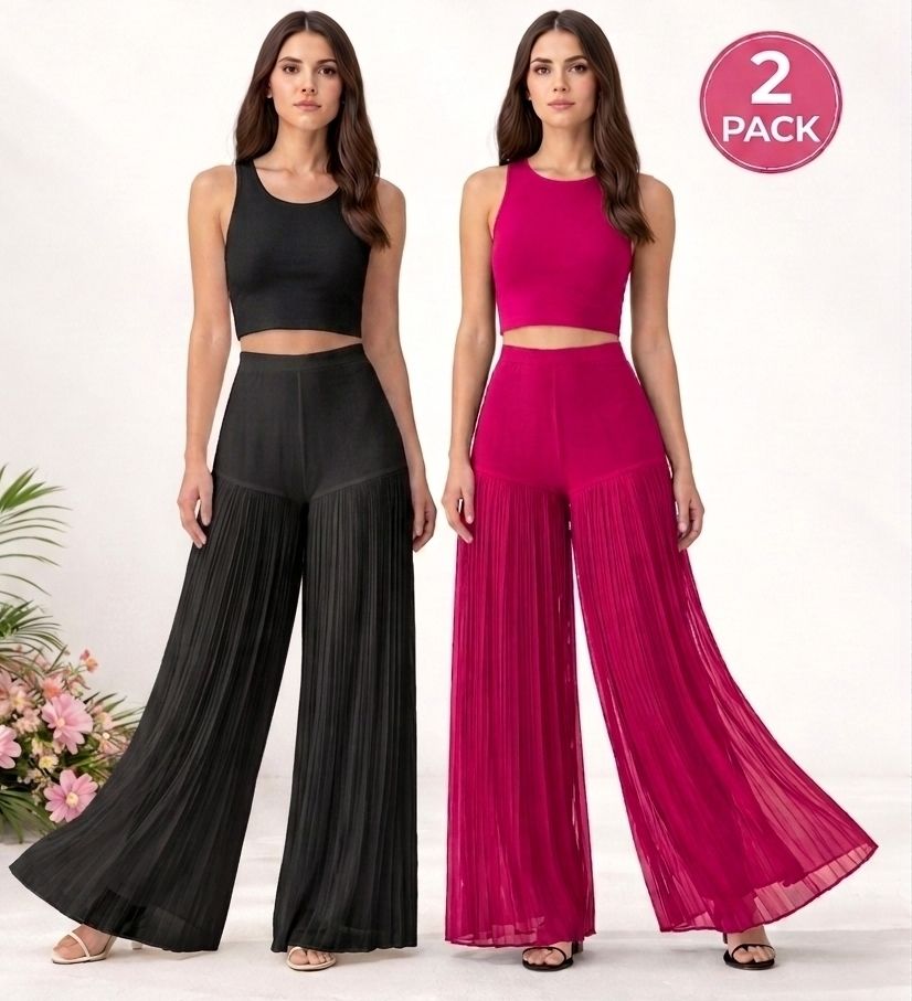 Pack of 2 Women Flared Black, Pink Georgette Trousers-image-18