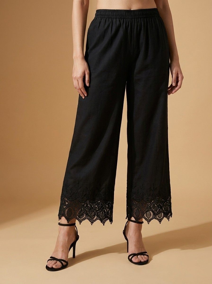 Women Loose Fit Black Pure Cotton Trousers-image-19