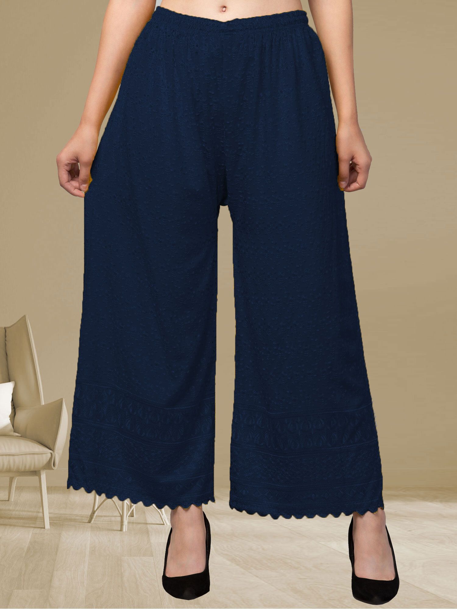 fambee Women Relaxed Dark Blue Viscose Rayon Trousers-picture-22
