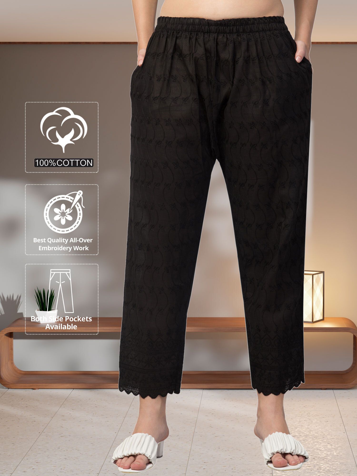 houseofcommon Women Relaxed Black Cotton Blend Trousers-picture-34