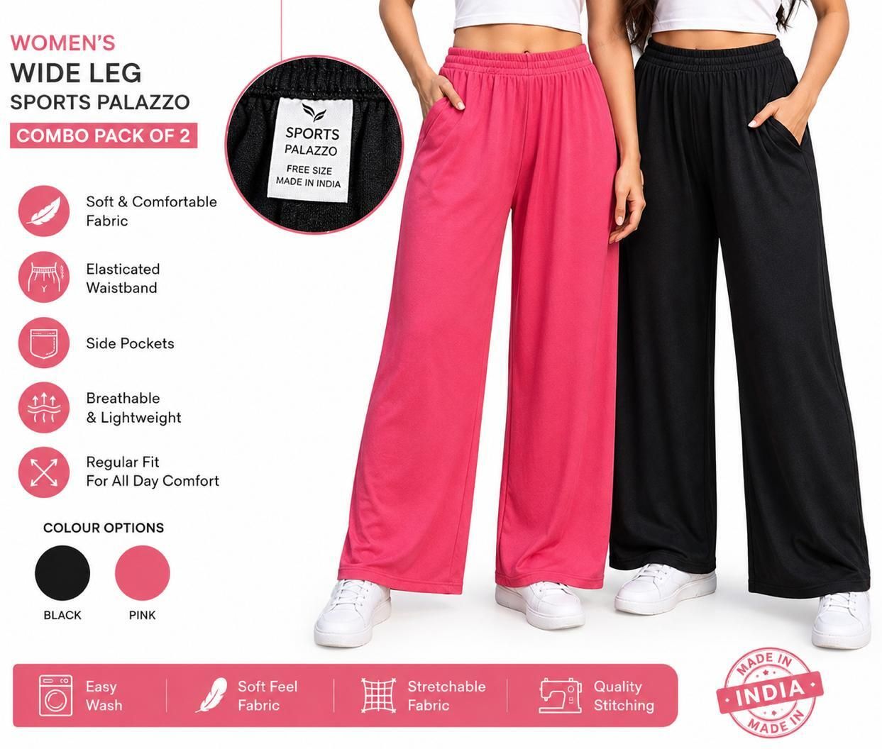 palazoo Pack of 2 Women Loose Fit Black, Pink Viscose Rayon Trousers-picture-19