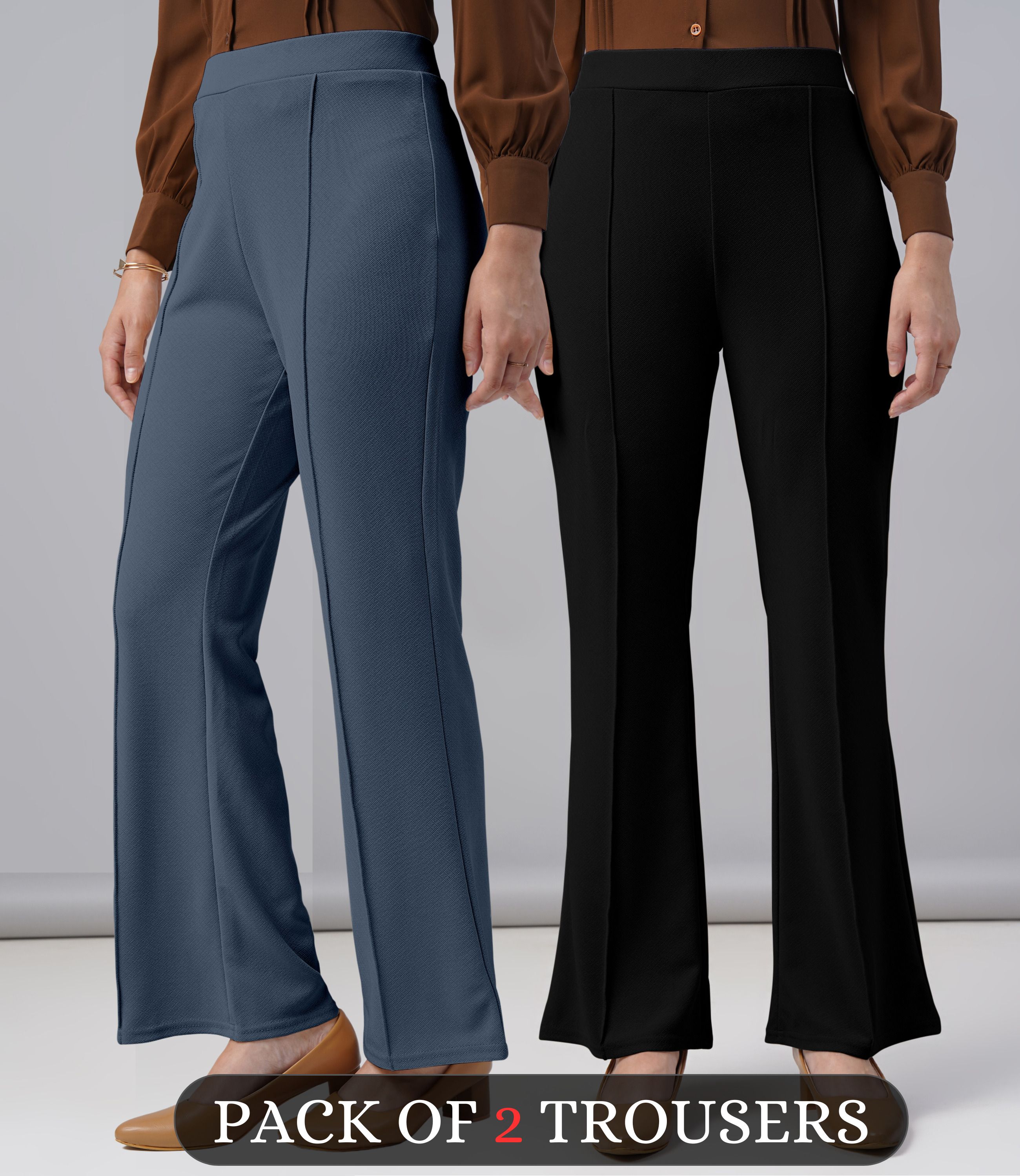 fuback Pack of 2 Women Regular Fit Grey, Black Lycra Blend Trousers-picture-13