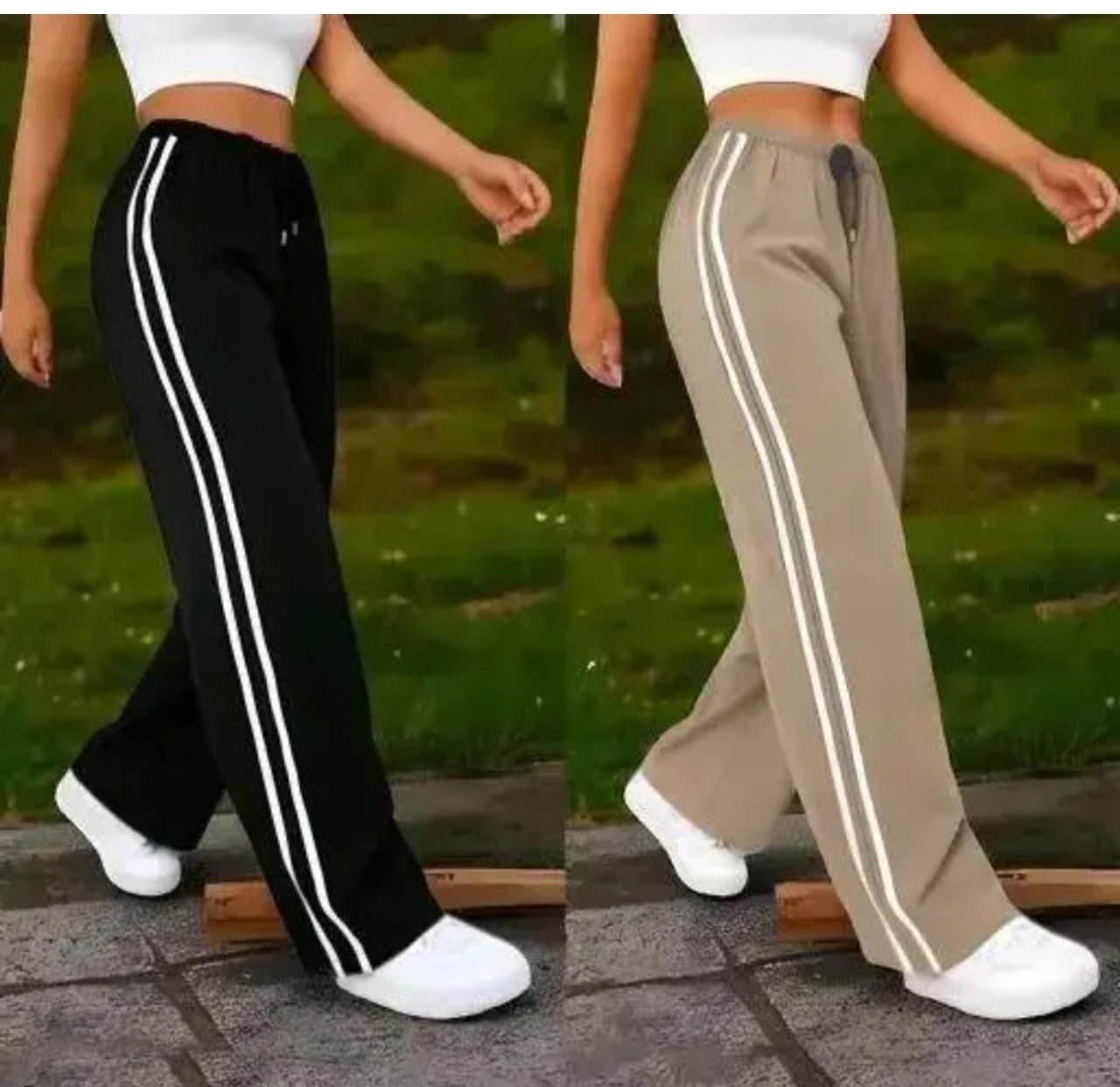 Pack of 2 Women Striped Black, Beige Track Pants