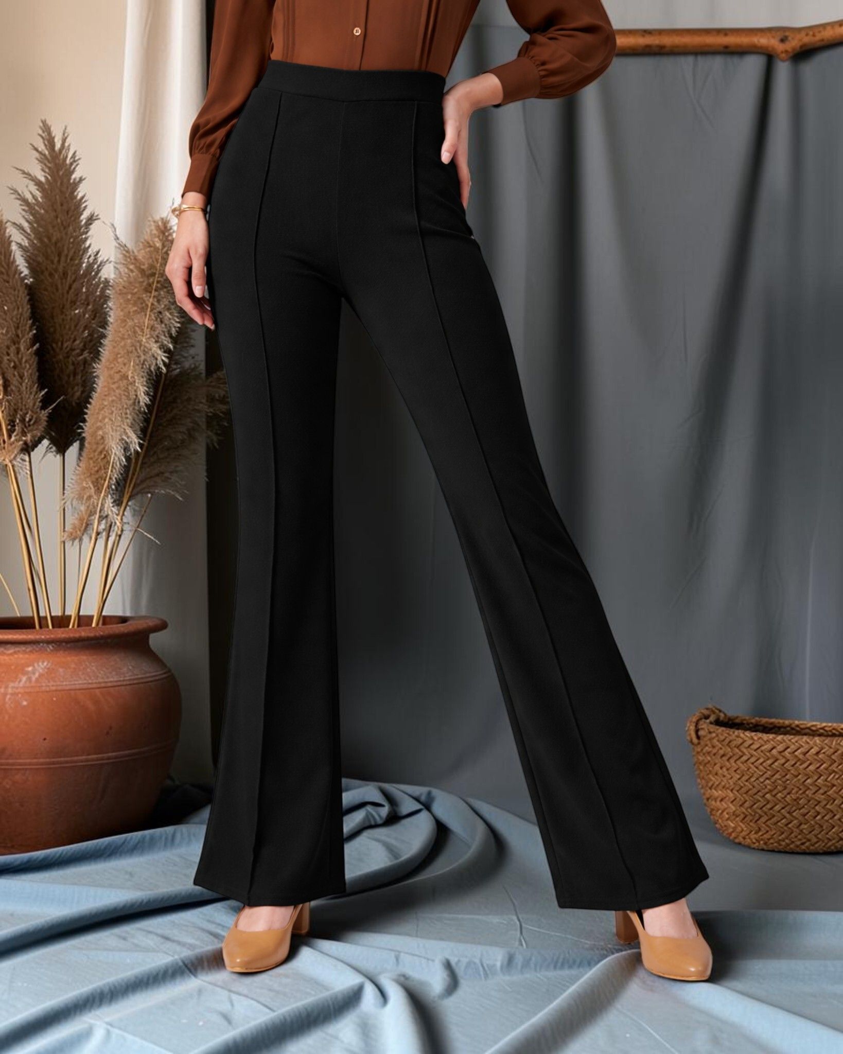 Women Flared Black Viscose Rayon Trousers-image-20