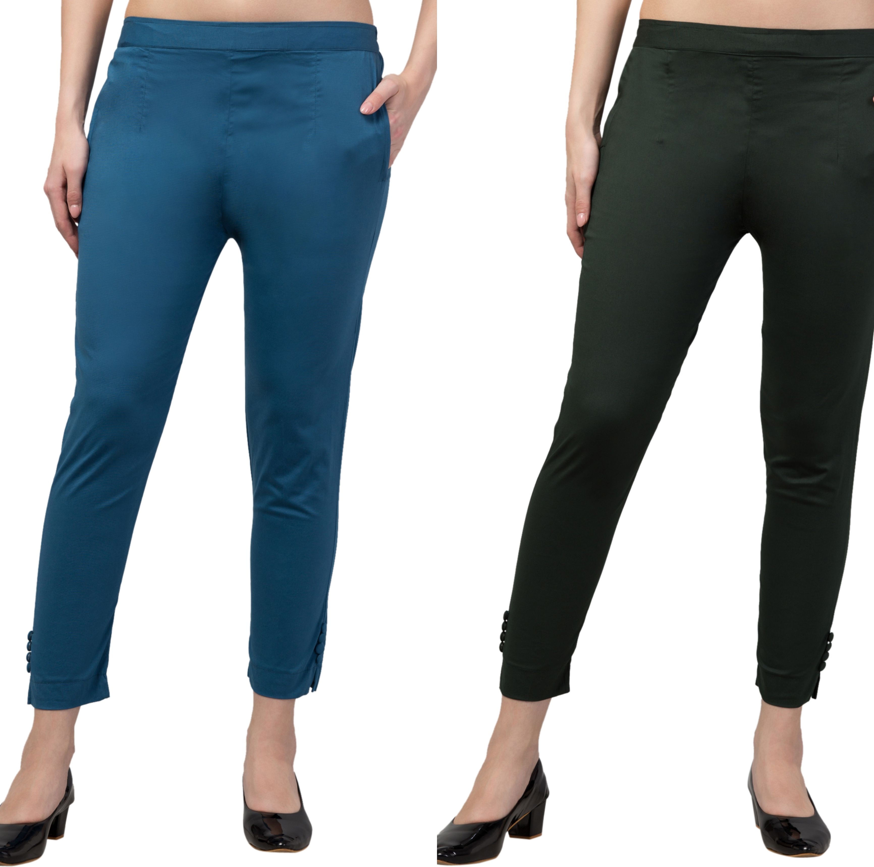 hookspiin Pack of 2 Women Regular Fit Blue, Green Cotton Blend Trousers-picture-40