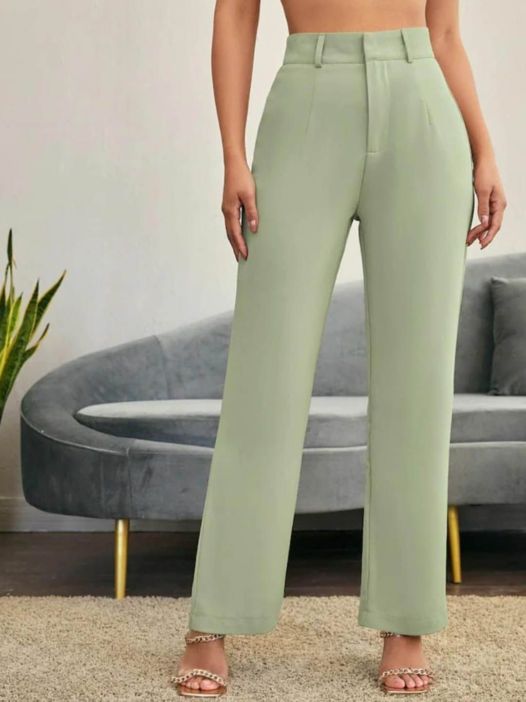 Women Straight Fit Green Lycra Blend Trousers-image-39