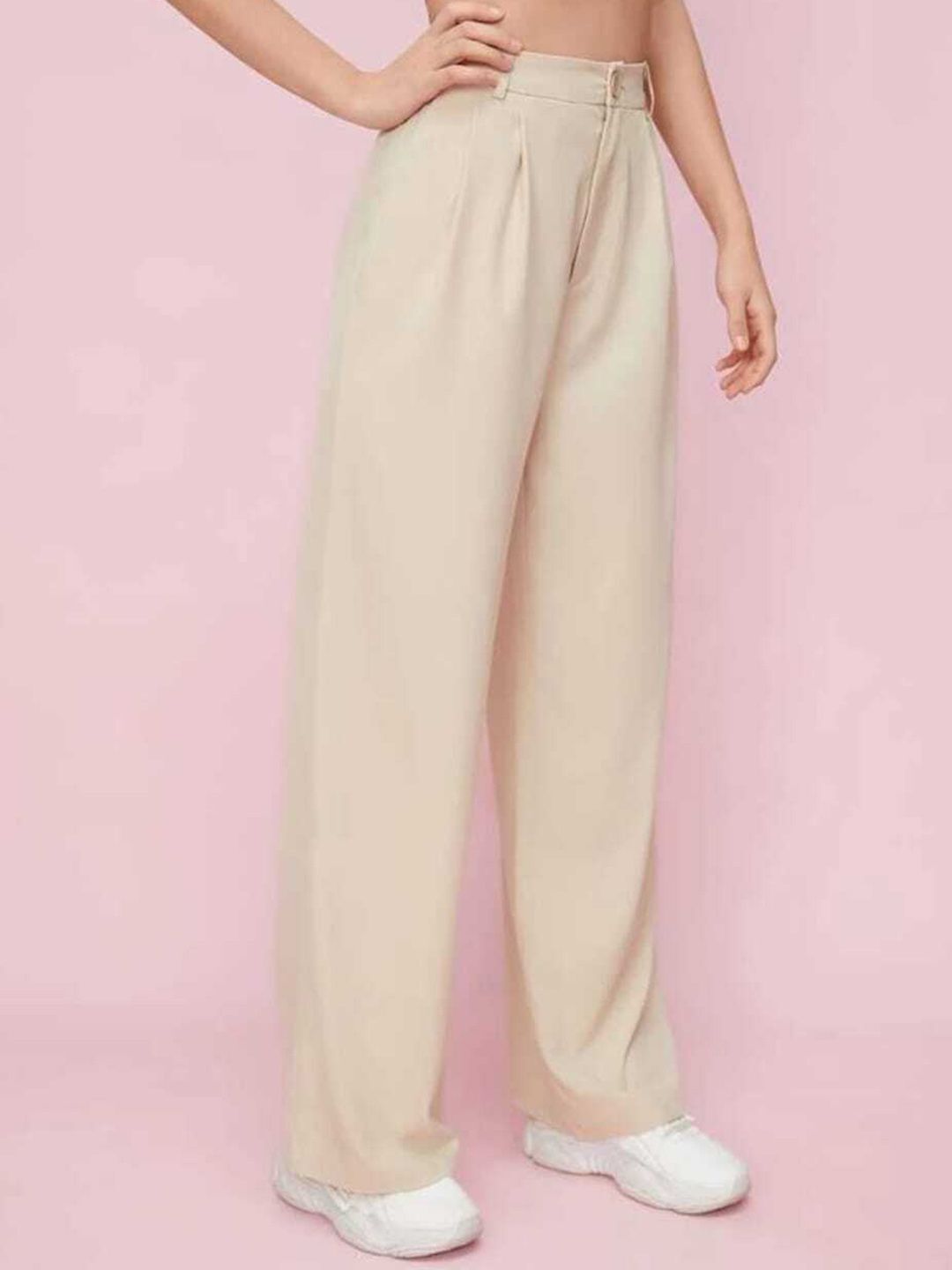Women Loose Fit Beige Cotton Blend Trousers-image-41