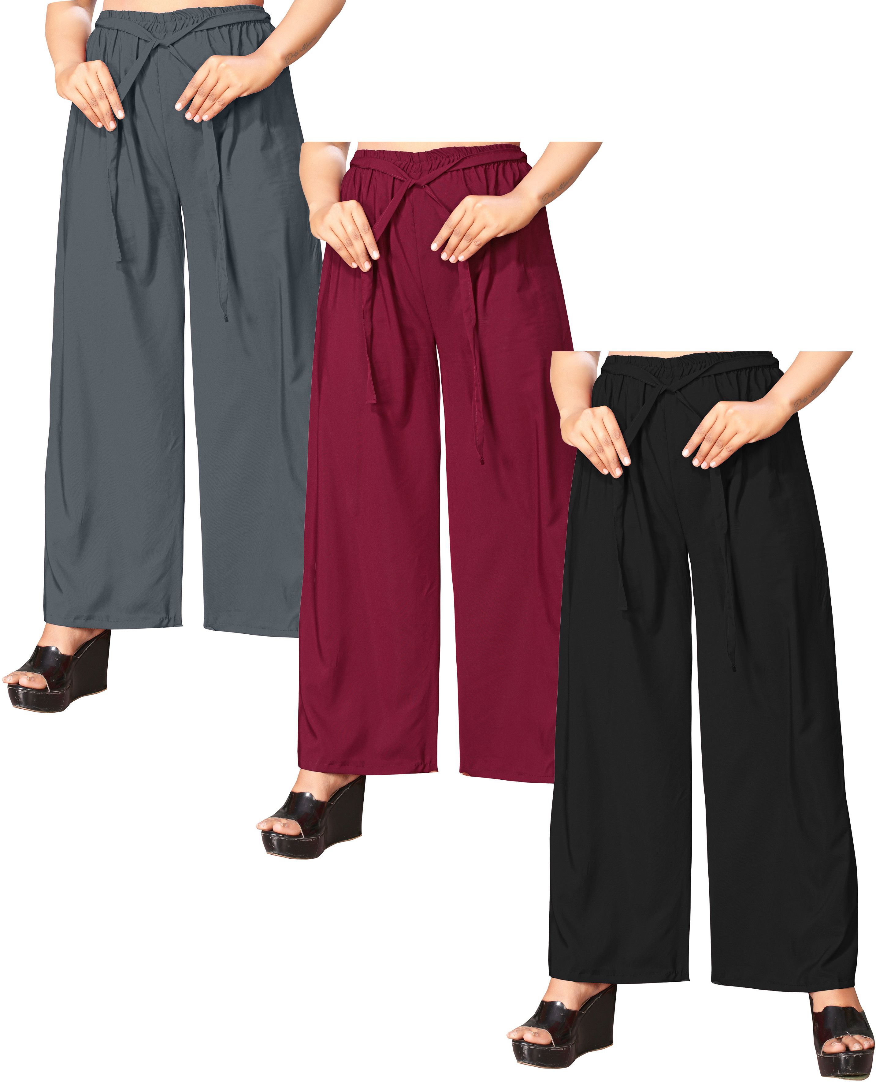 anti wrinkle designer Pack of 3 Women Regular Fit Multicolor Crepe Trousers-picture-15