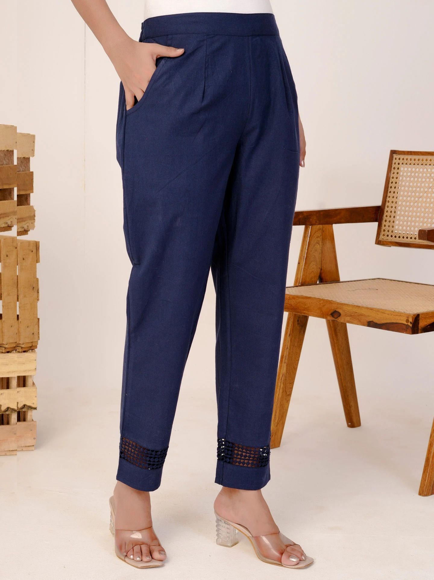 Women Regular Fit, Straight Fit Dark Blue Pure Cotton Trousers-image-41