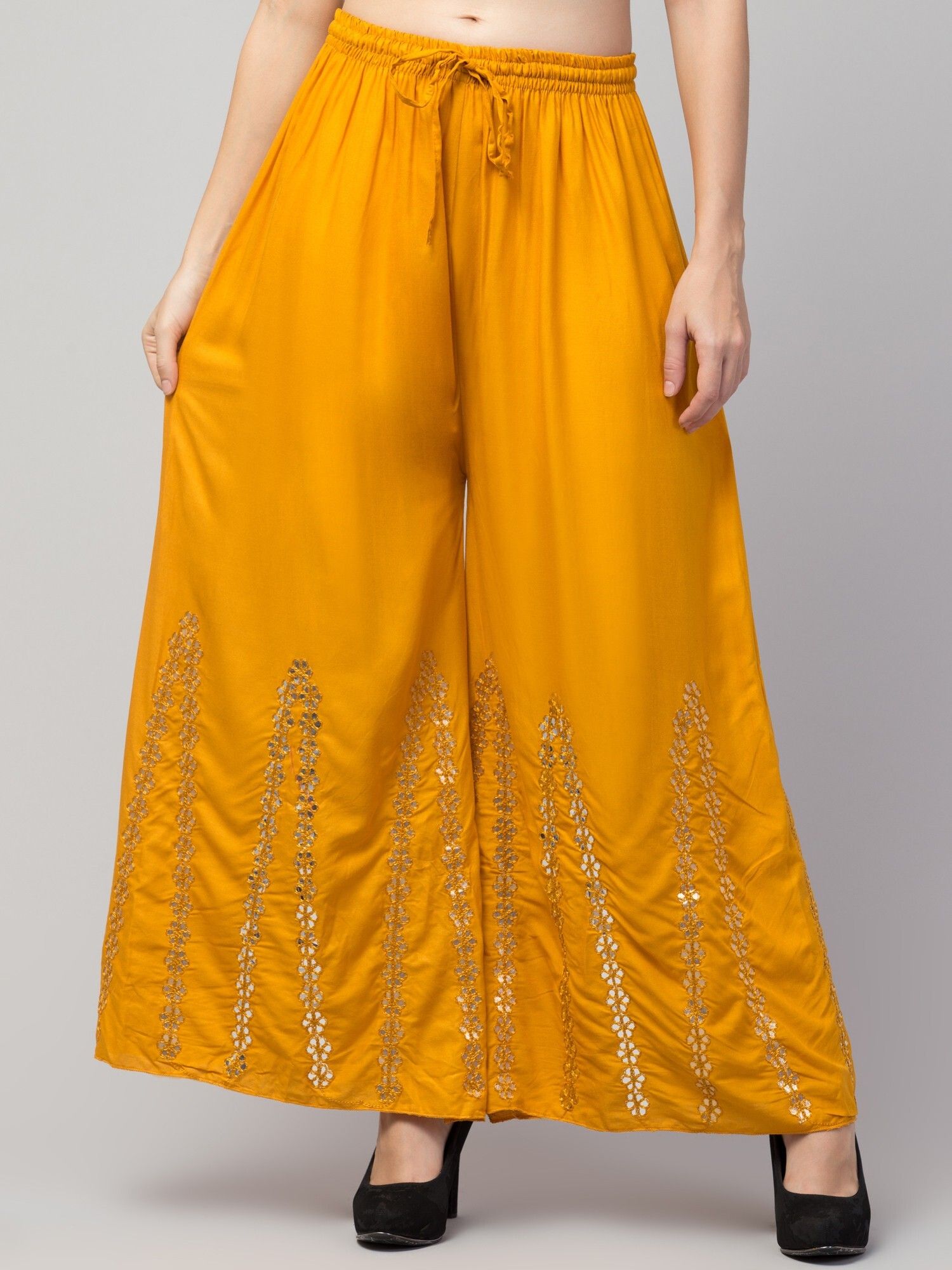 Women Flared Yellow Viscose Rayon Trousers-image-31
